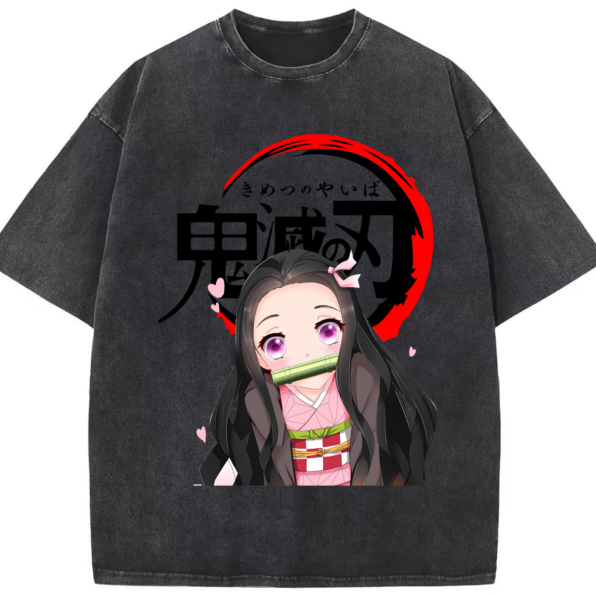 （画像用） 鬼滅の刃（きめつのやいば）竈門 禰󠄀豆子／かまど ねずこ Kamado Nezuko 綿100% ヴィンテージ風 半袖Tシャツ（フロントプリント）
