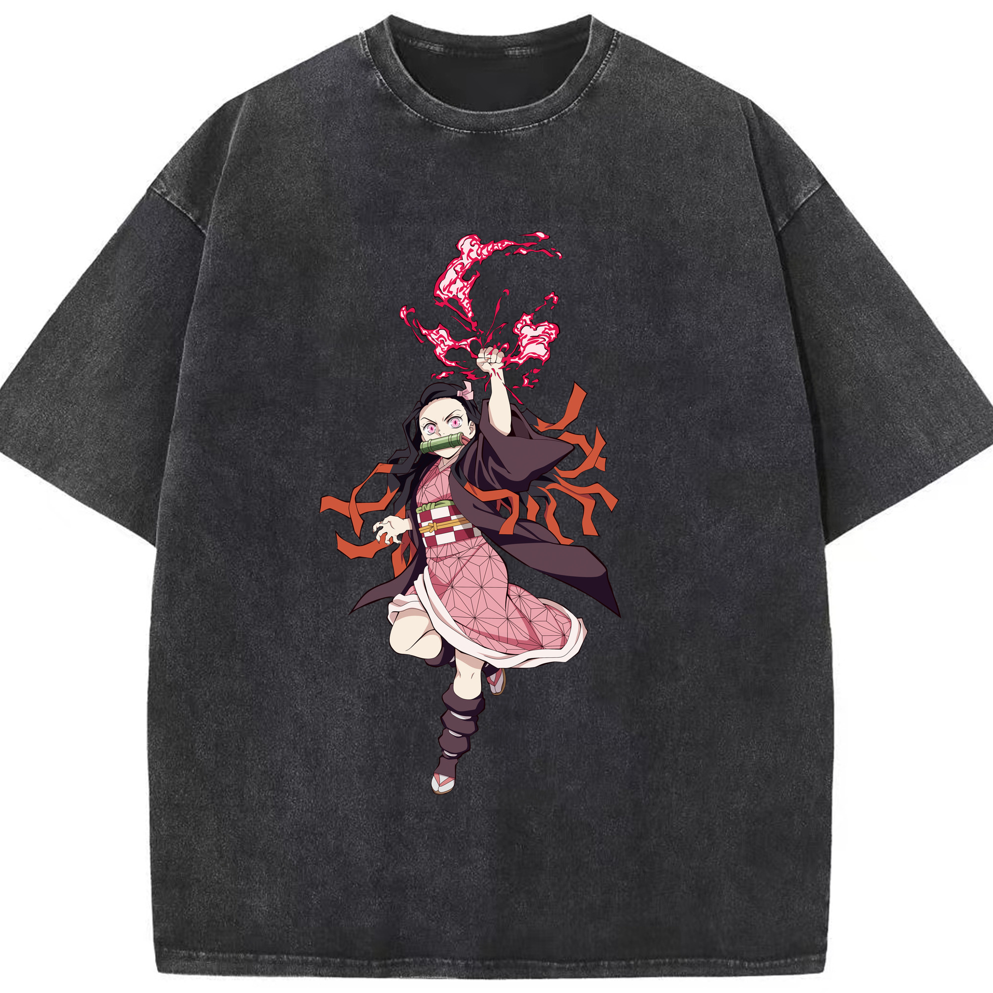 （画像用） 鬼滅の刃（きめつのやいば）竈門 禰󠄀豆子／かまど ねずこ Kamado Nezuko 綿100% ヴィンテージ風 半袖Tシャツ（フロントプリント）