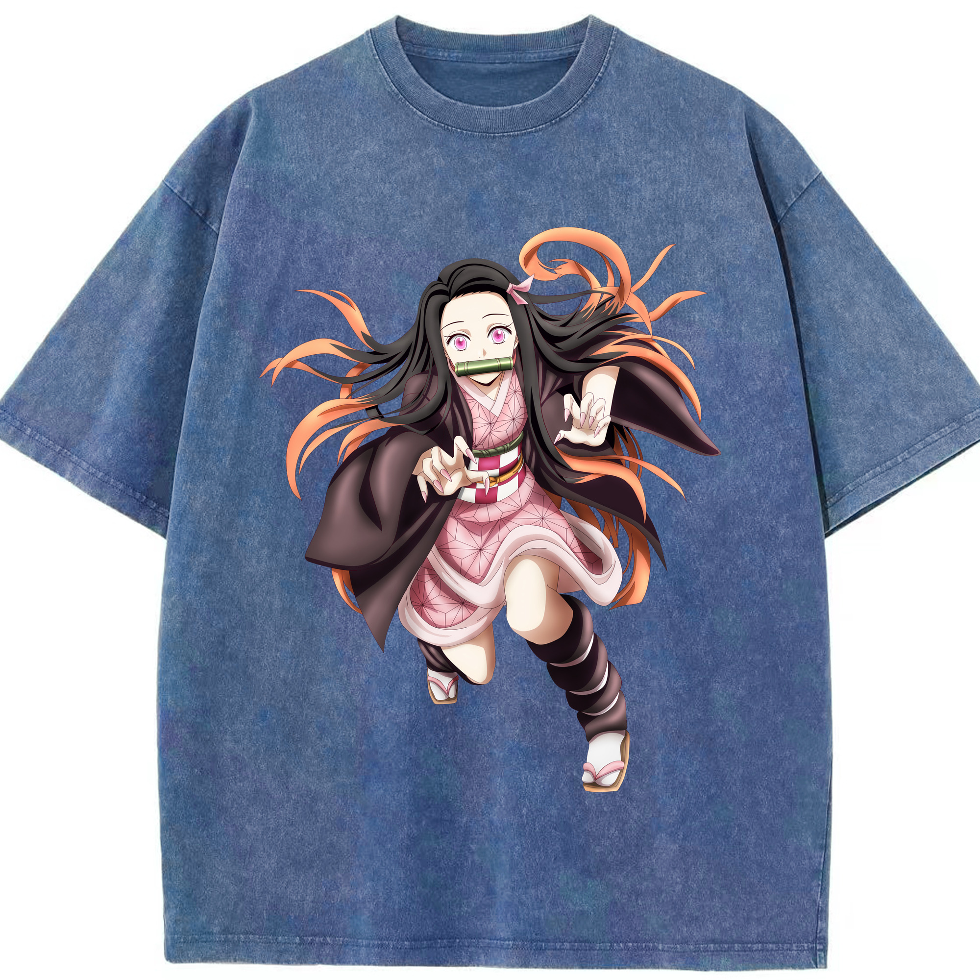 （画像用） 鬼滅の刃（きめつのやいば）竈門 禰󠄀豆子／かまど ねずこ Kamado Nezuko 綿100% ヴィンテージ風 半袖Tシャツ（フロントプリント）