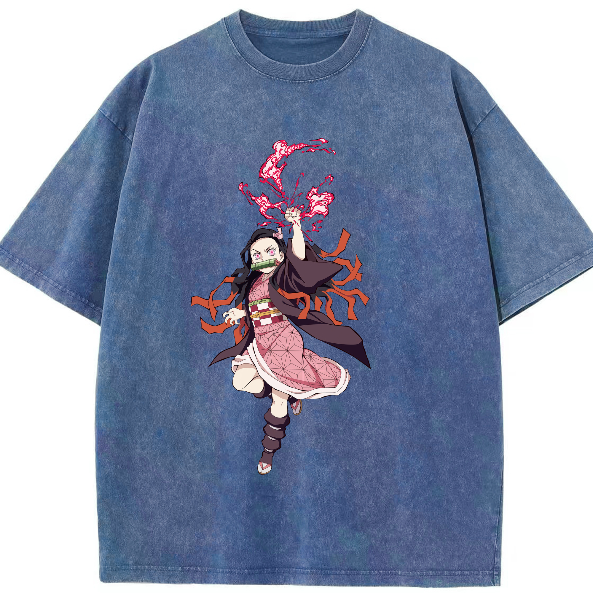 （画像用） 鬼滅の刃（きめつのやいば）竈門 禰󠄀豆子／かまど ねずこ Kamado Nezuko 綿100% ヴィンテージ風 半袖Tシャツ（フロントプリント）
