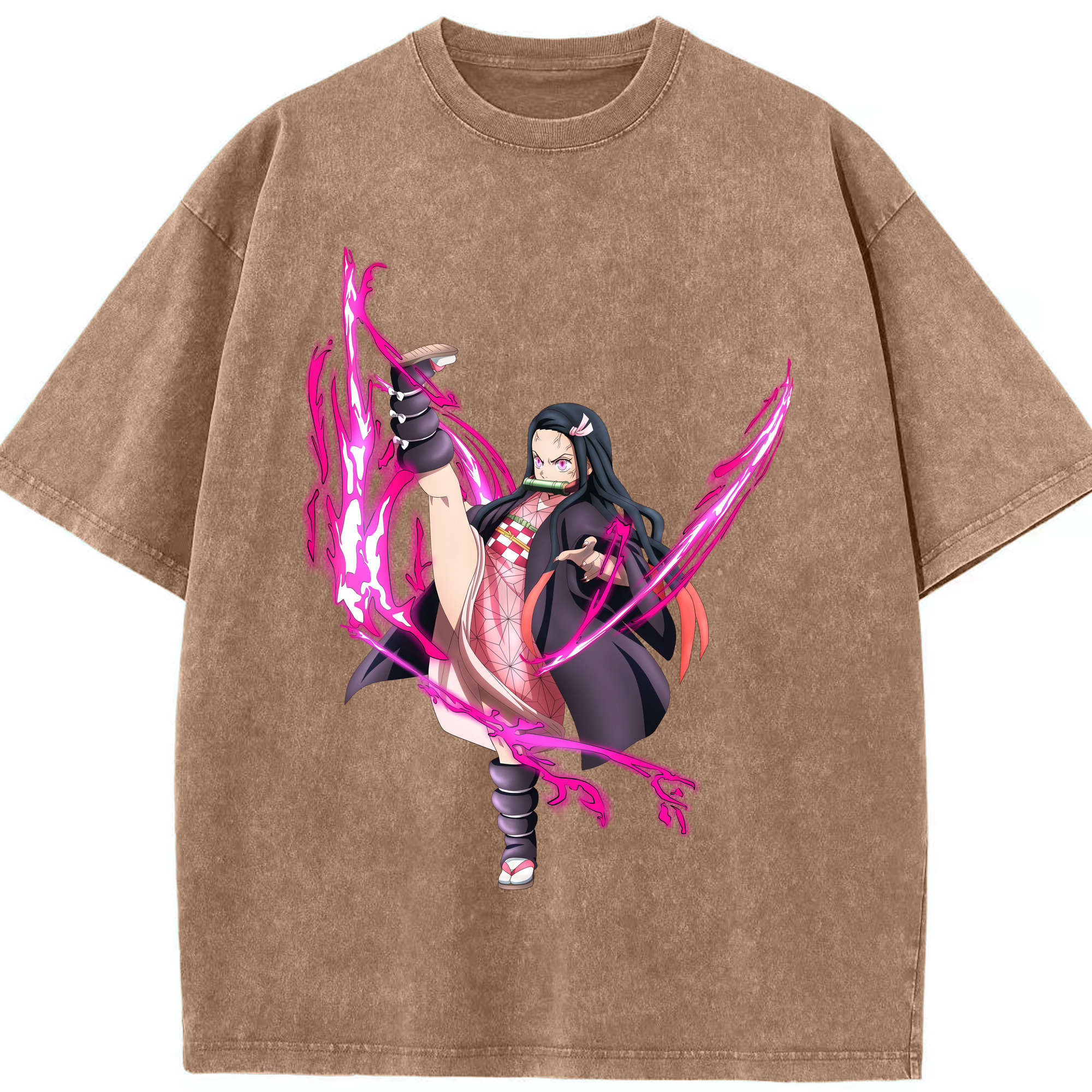 （画像用） 鬼滅の刃（きめつのやいば）竈門 禰󠄀豆子／かまど ねずこ Kamado Nezuko 綿100% ヴィンテージ風 半袖Tシャツ（フロントプリント）