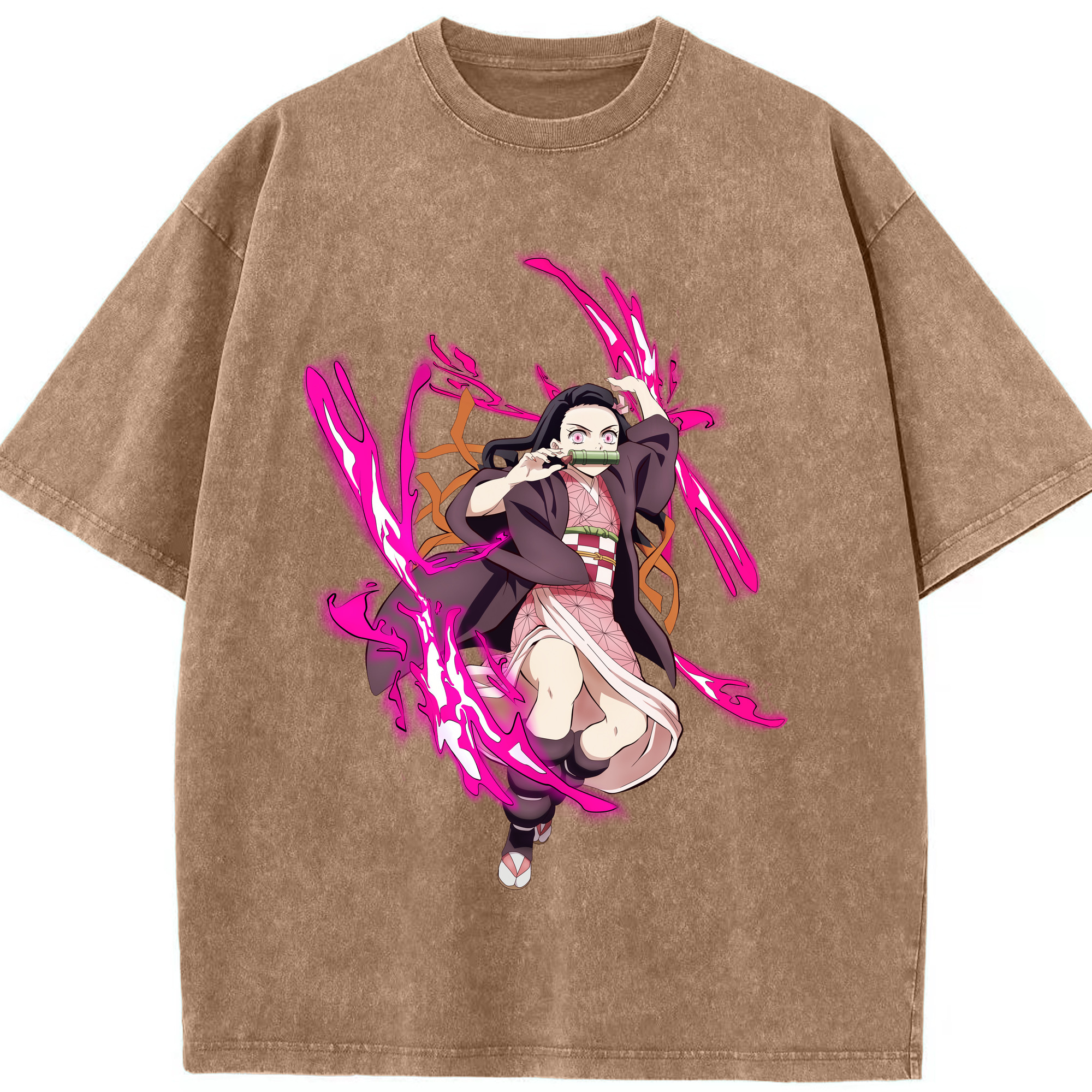 （画像用） 鬼滅の刃（きめつのやいば）竈門 禰󠄀豆子／かまど ねずこ Kamado Nezuko 綿100% ヴィンテージ風 半袖Tシャツ（フロントプリント）