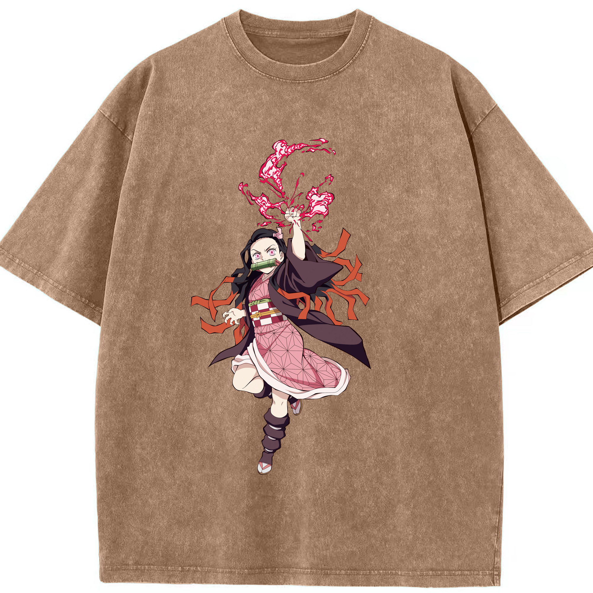 （画像用） 鬼滅の刃（きめつのやいば）竈門 禰󠄀豆子／かまど ねずこ Kamado Nezuko 綿100% ヴィンテージ風 半袖Tシャツ（フロントプリント）