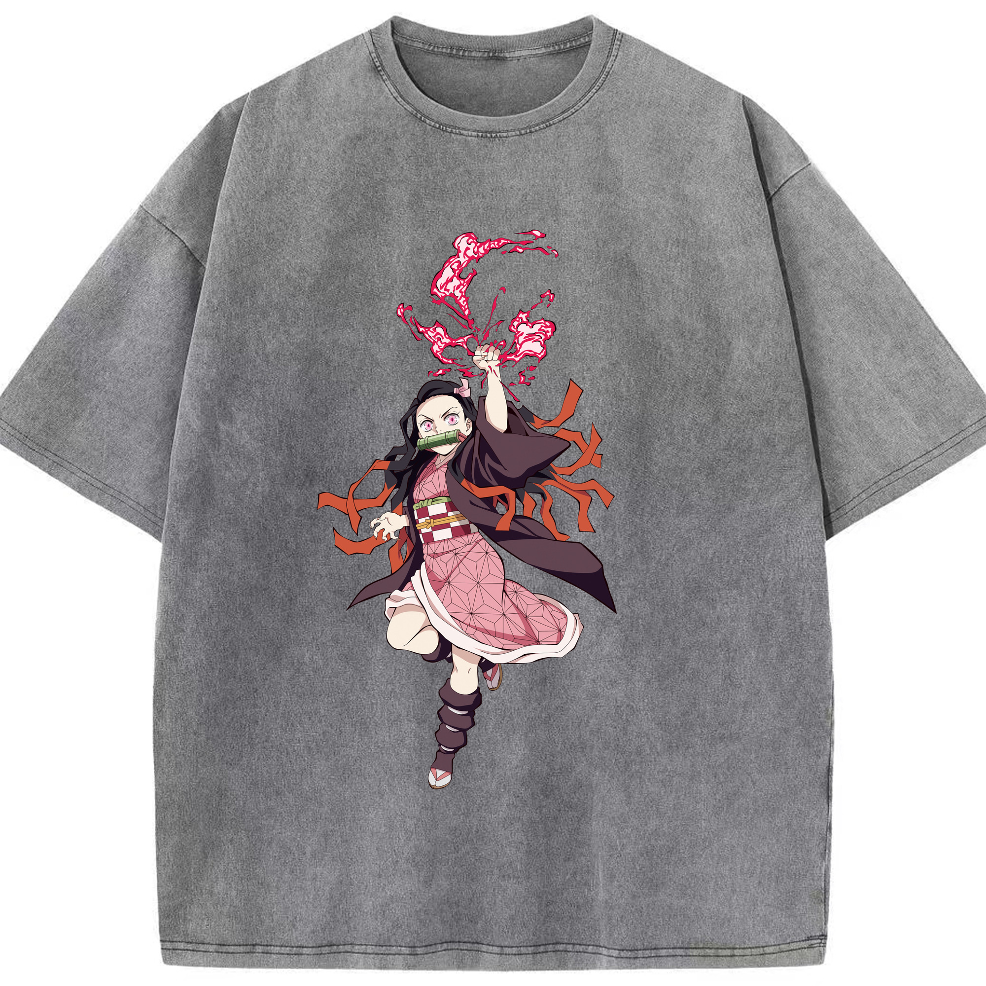 （画像用） 鬼滅の刃（きめつのやいば）竈門 禰󠄀豆子／かまど ねずこ Kamado Nezuko 綿100% ヴィンテージ風 半袖Tシャツ（フロントプリント）