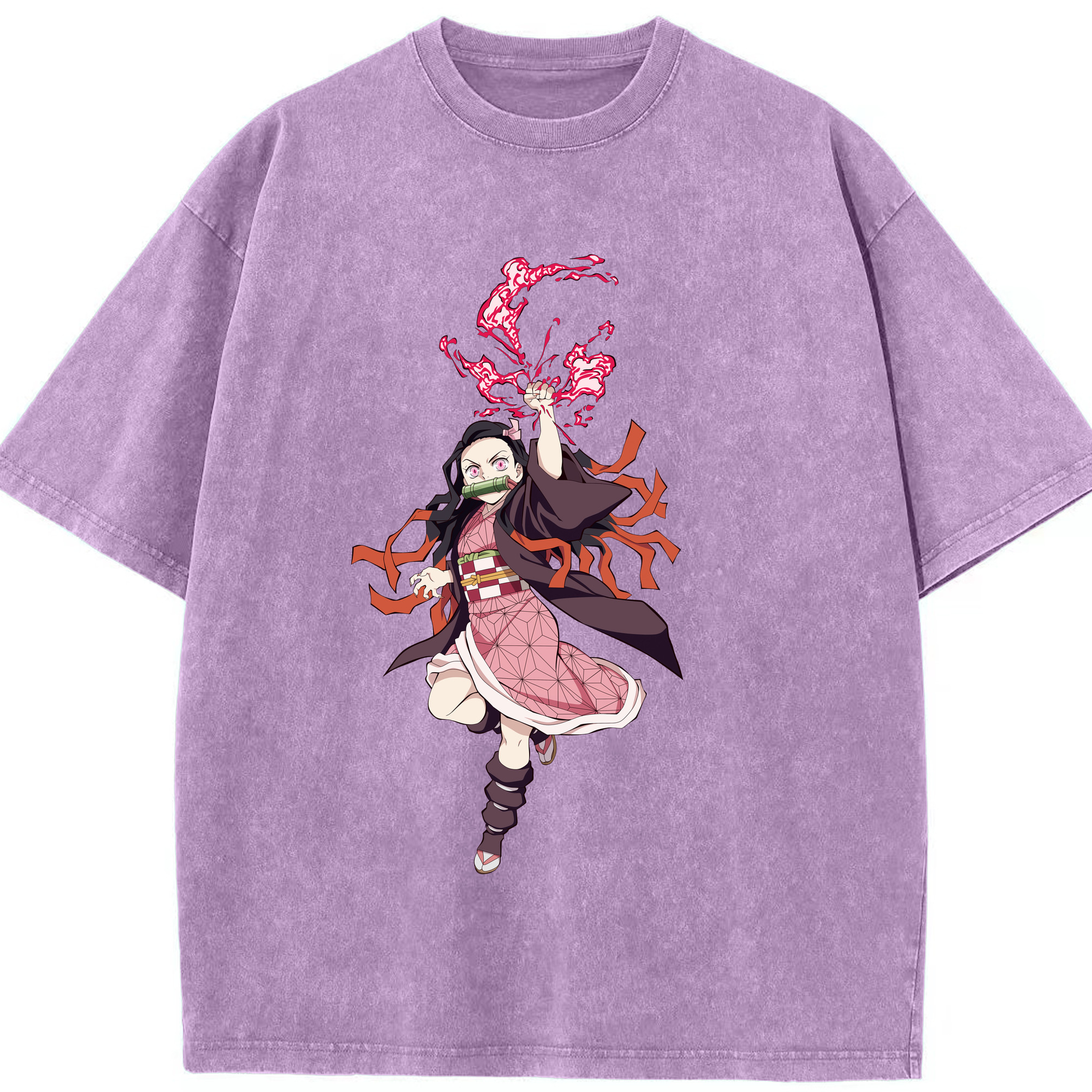 （画像用） 鬼滅の刃（きめつのやいば）竈門 禰󠄀豆子／かまど ねずこ Kamado Nezuko 綿100% ヴィンテージ風 半袖Tシャツ（フロントプリント）