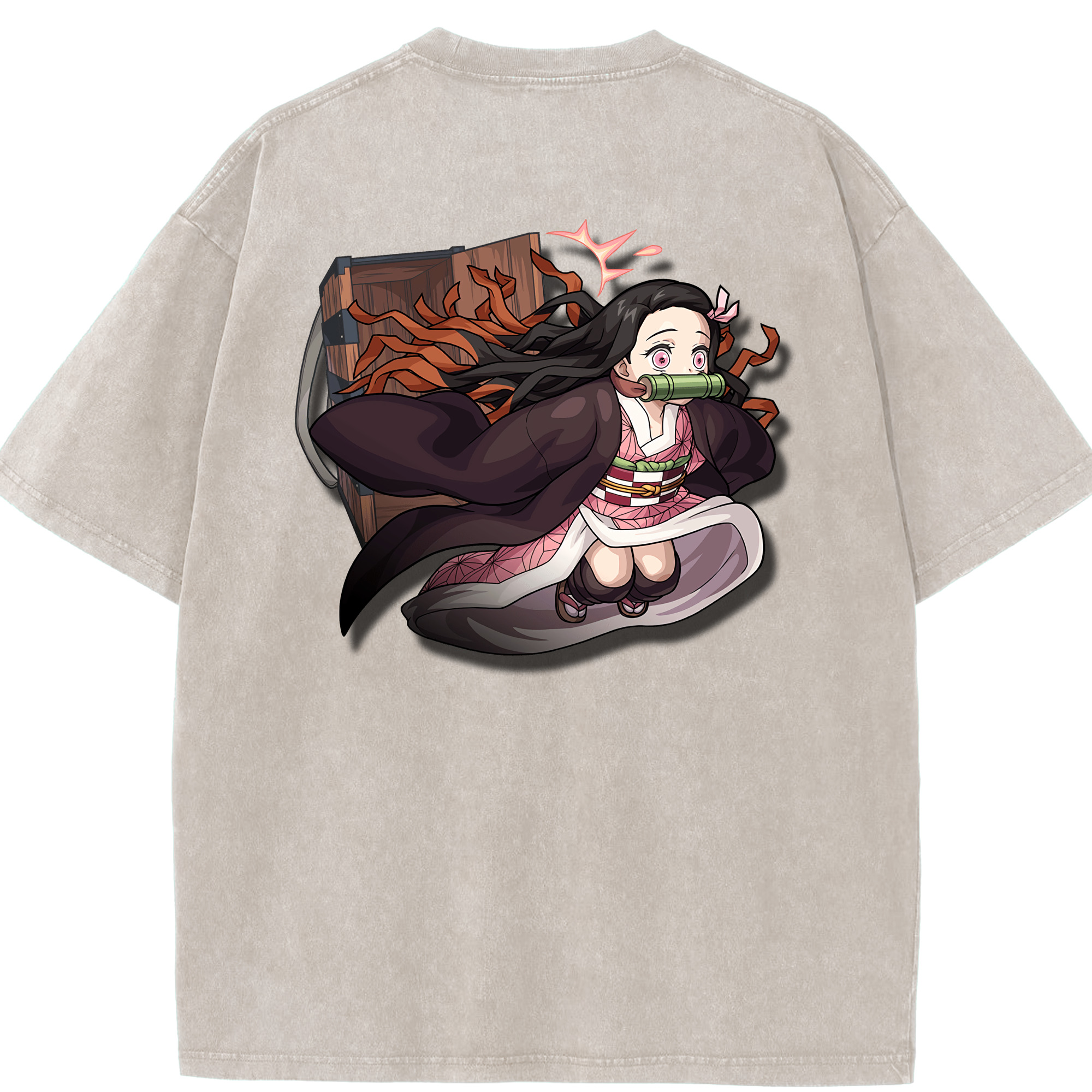 （画像用） 鬼滅の刃（きめつのやいば）竈門 禰󠄀豆子／かまど ねずこ Kamado Nezuko 綿100% ヴィンテージ風 半袖Tシャツ（背面プリント）