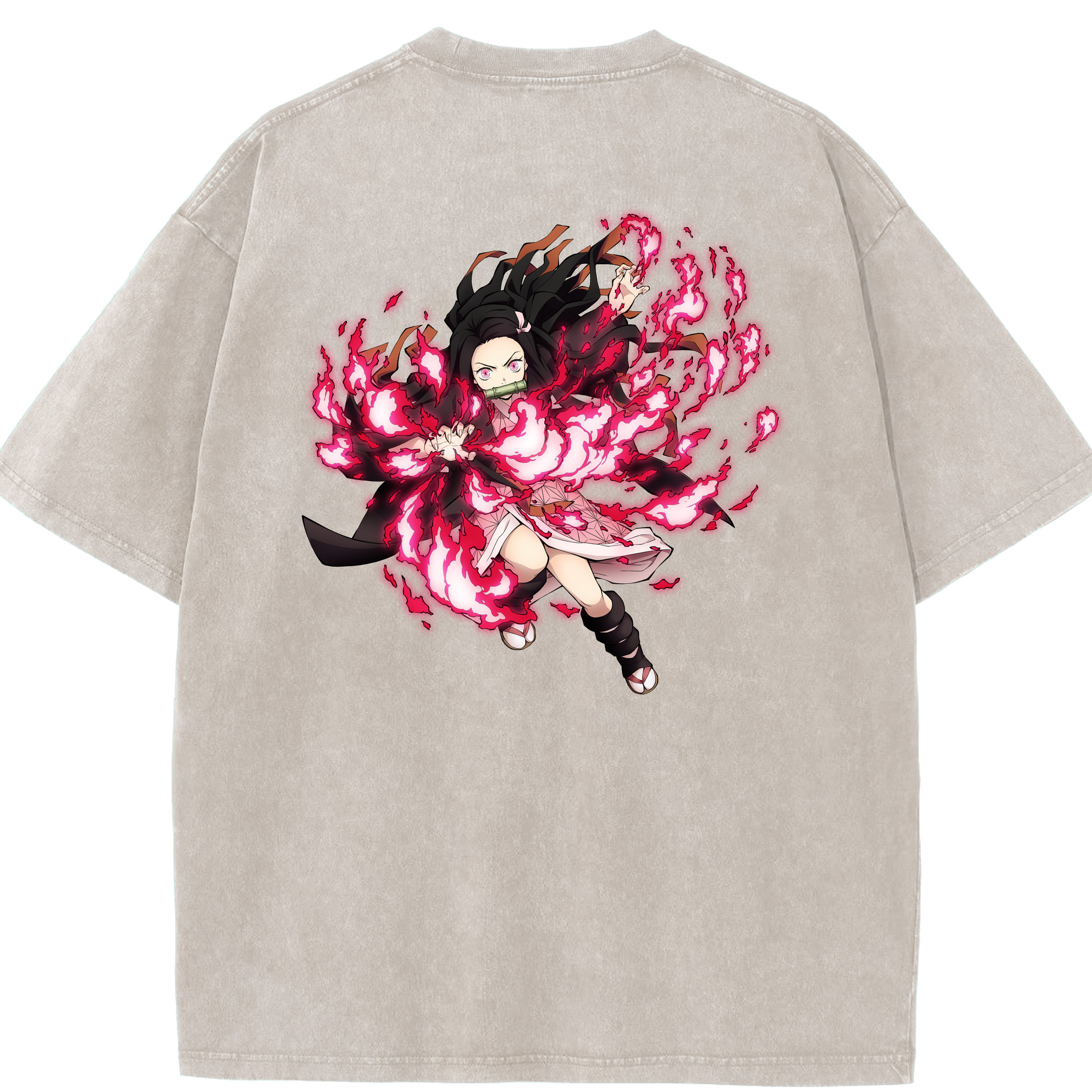 （画像用） 鬼滅の刃（きめつのやいば）竈門 禰󠄀豆子／かまど ねずこ Kamado Nezuko 綿100% ヴィンテージ風 半袖Tシャツ（背面プリント）