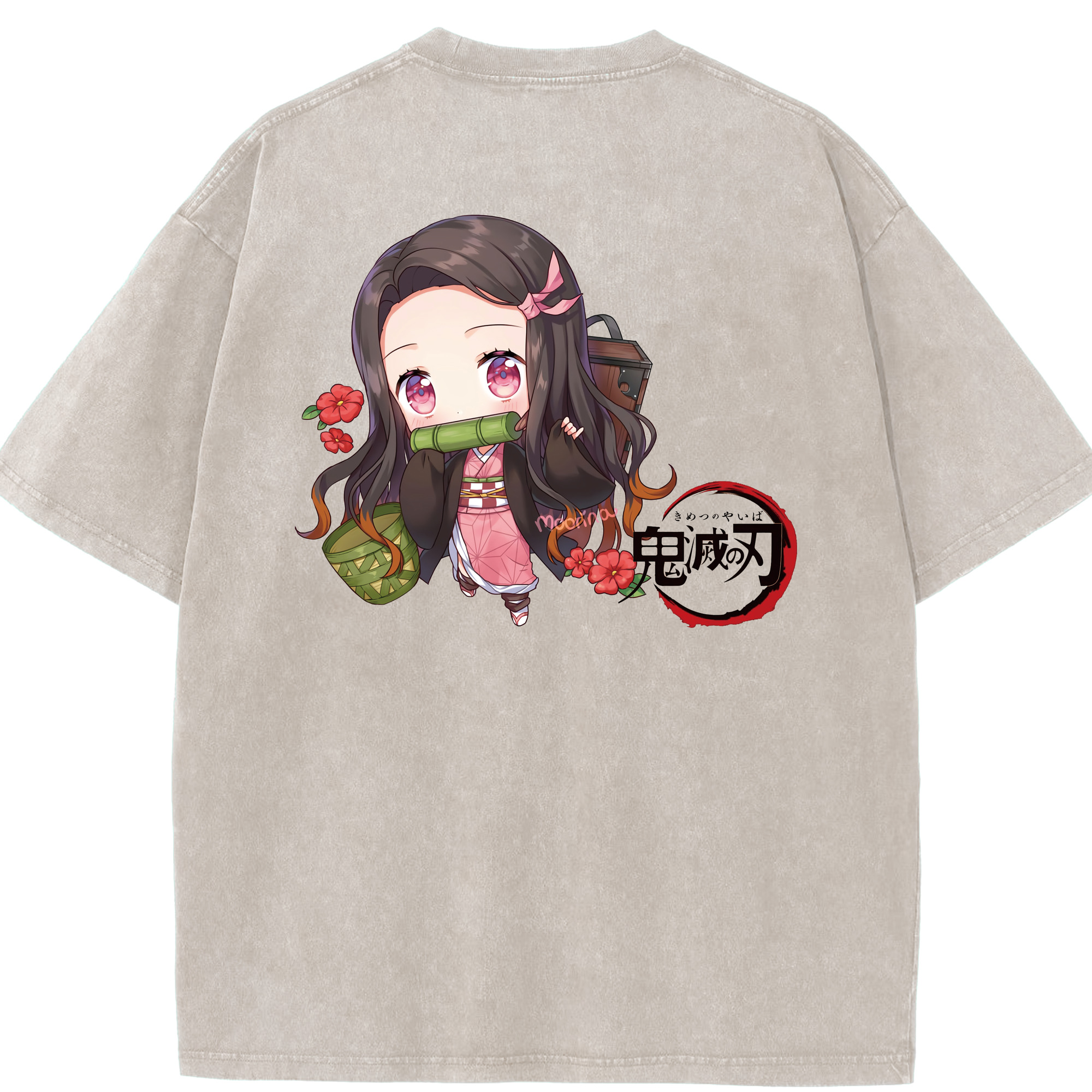 （画像用） 鬼滅の刃（きめつのやいば）竈門 禰󠄀豆子／かまど ねずこ Kamado Nezuko 綿100% ヴィンテージ風 半袖Tシャツ（背面プリント）