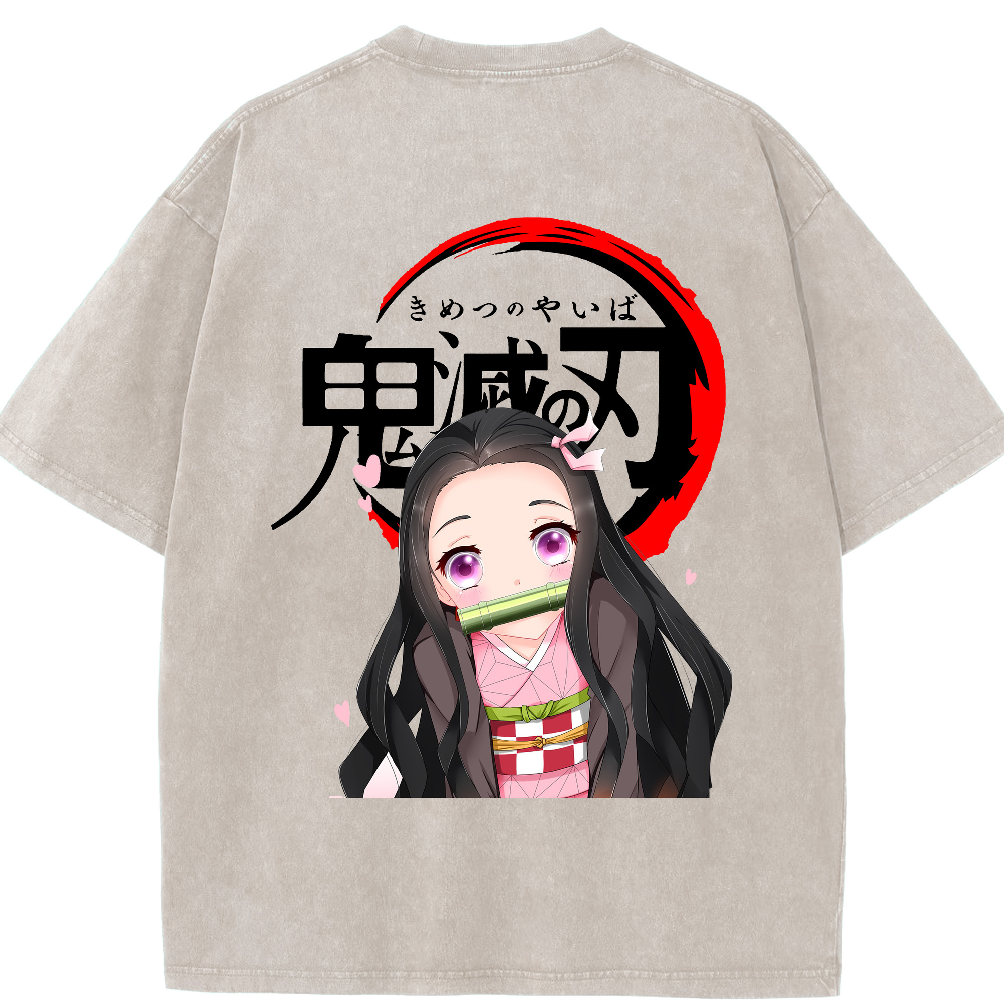 （画像用） 鬼滅の刃（きめつのやいば）竈門 禰󠄀豆子／かまど ねずこ Kamado Nezuko 綿100% ヴィンテージ風 半袖Tシャツ（背面プリント）