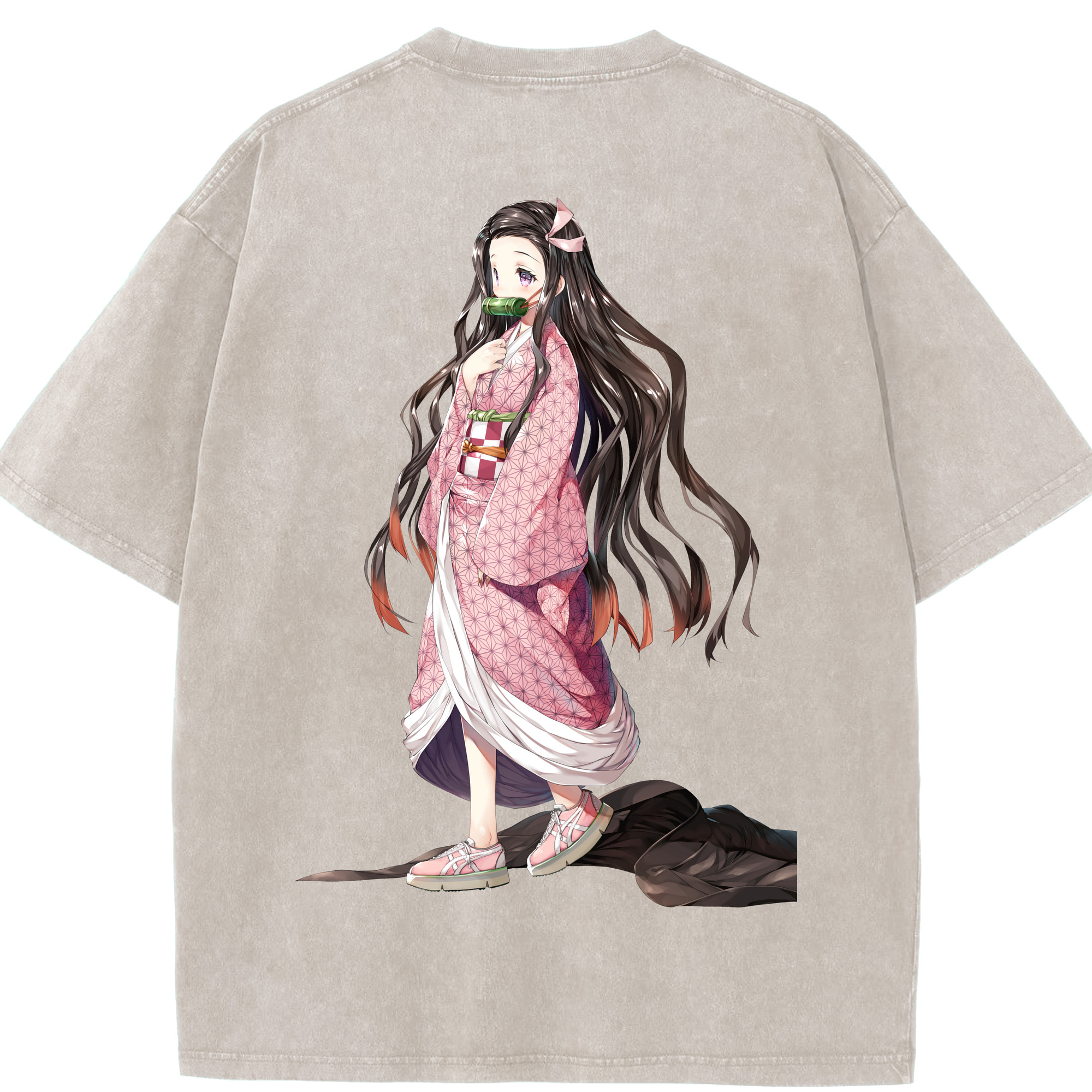 （画像用） 鬼滅の刃（きめつのやいば）竈門 禰󠄀豆子／かまど ねずこ Kamado Nezuko 綿100% ヴィンテージ風 半袖Tシャツ（背面プリント）