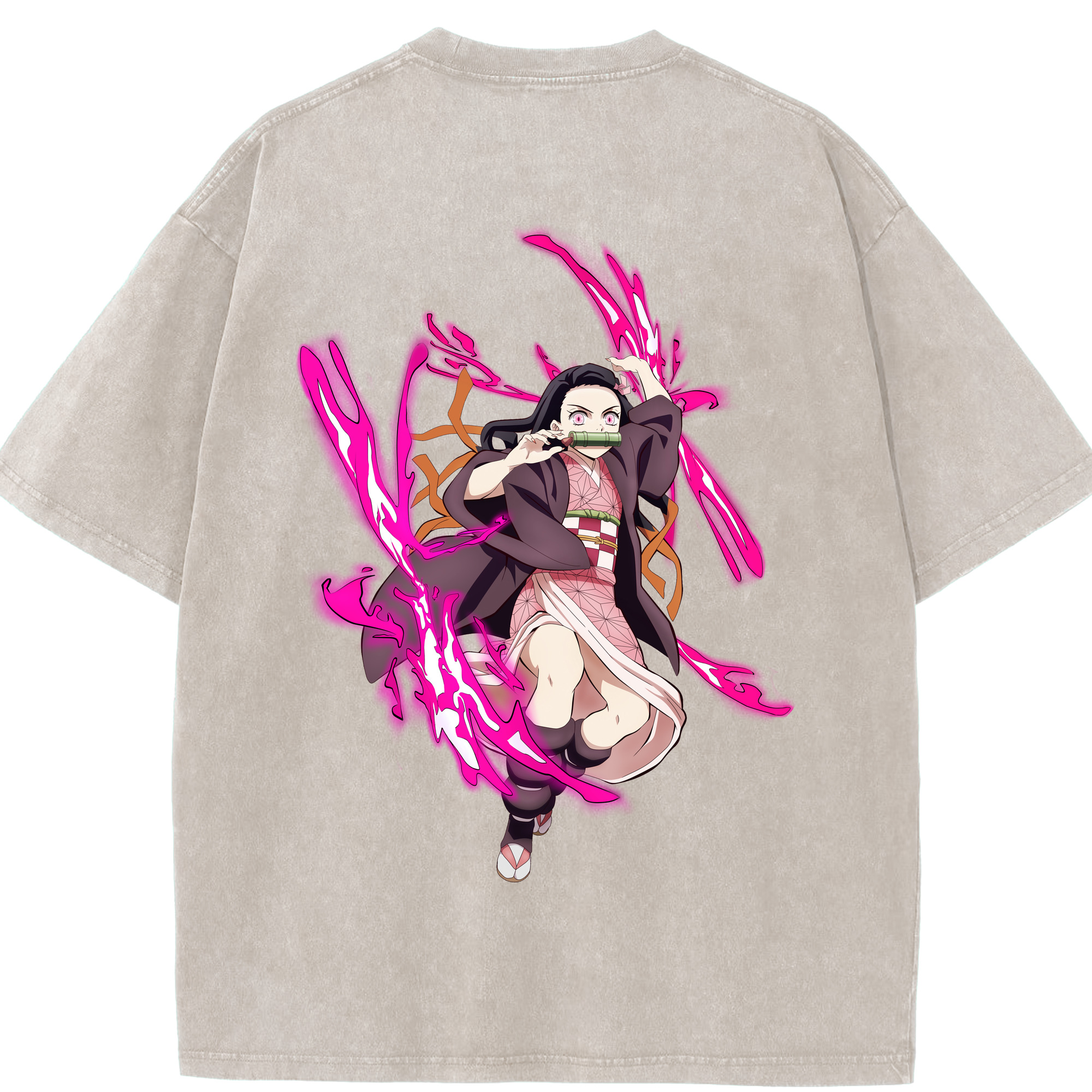 （画像用） 鬼滅の刃（きめつのやいば）竈門 禰󠄀豆子／かまど ねずこ Kamado Nezuko 綿100% ヴィンテージ風 半袖Tシャツ（背面プリント）