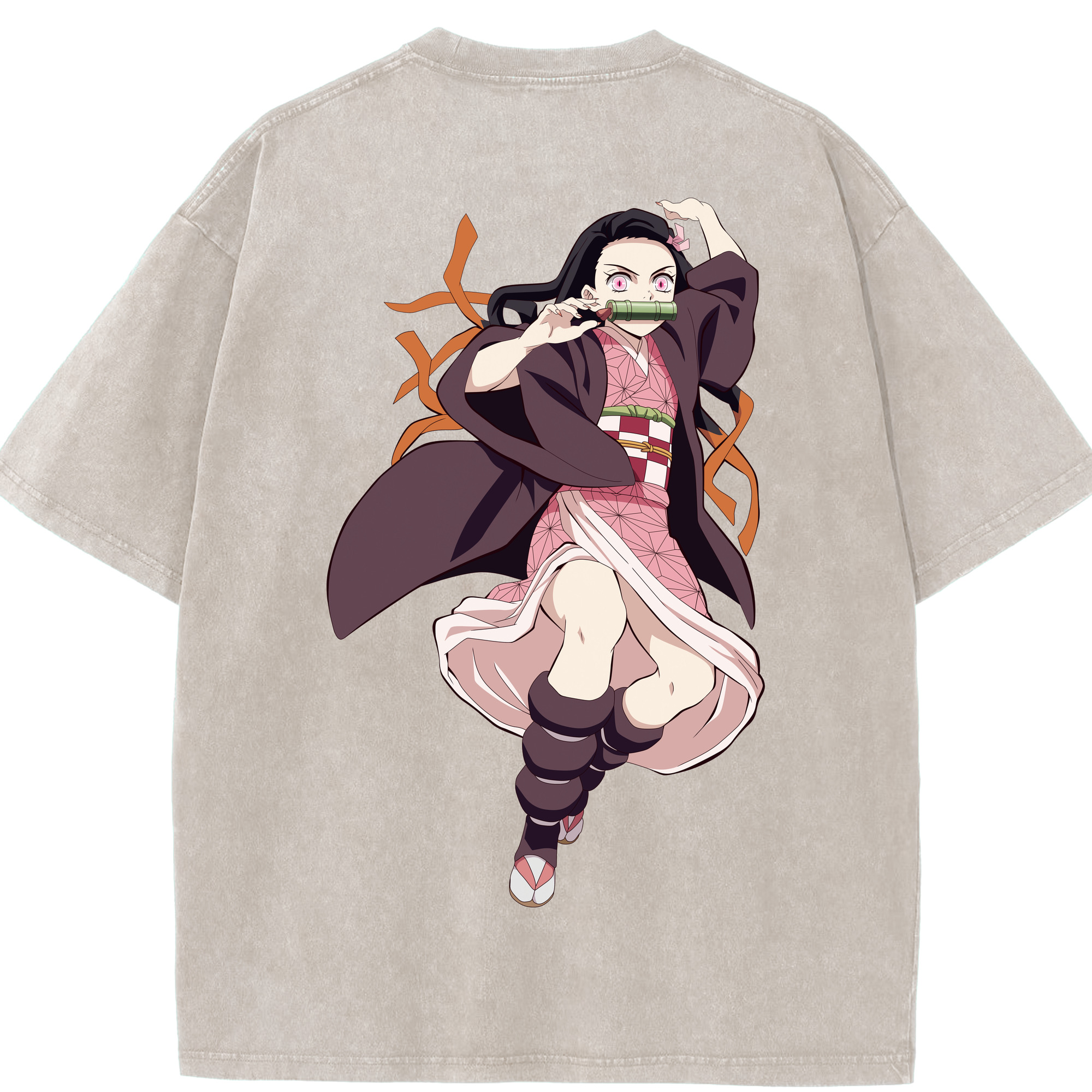 （画像用） 鬼滅の刃（きめつのやいば）竈門 禰󠄀豆子／かまど ねずこ Kamado Nezuko 綿100% ヴィンテージ風 半袖Tシャツ（背面プリント）