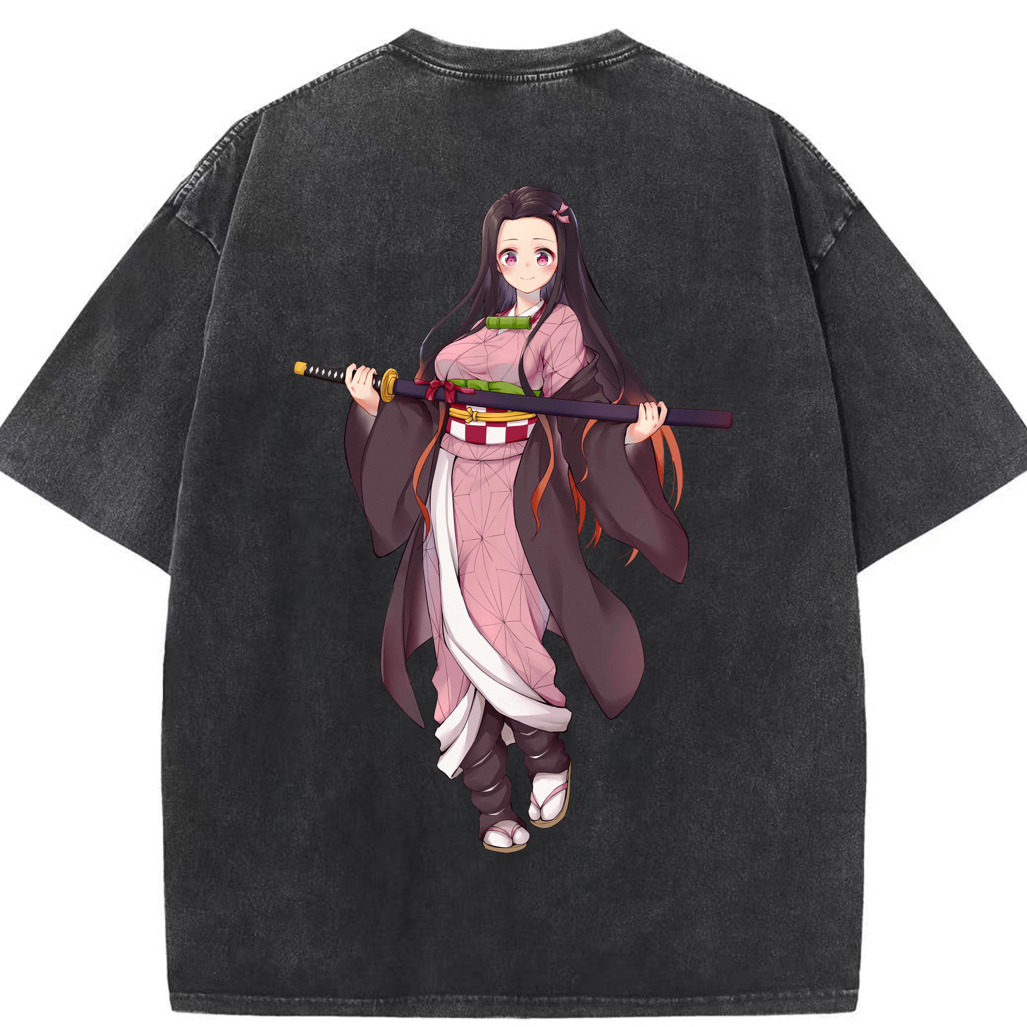 （画像用） 鬼滅の刃（きめつのやいば）竈門 禰󠄀豆子／かまど ねずこ Kamado Nezuko 綿100% ヴィンテージ風 半袖Tシャツ（背面プリント）