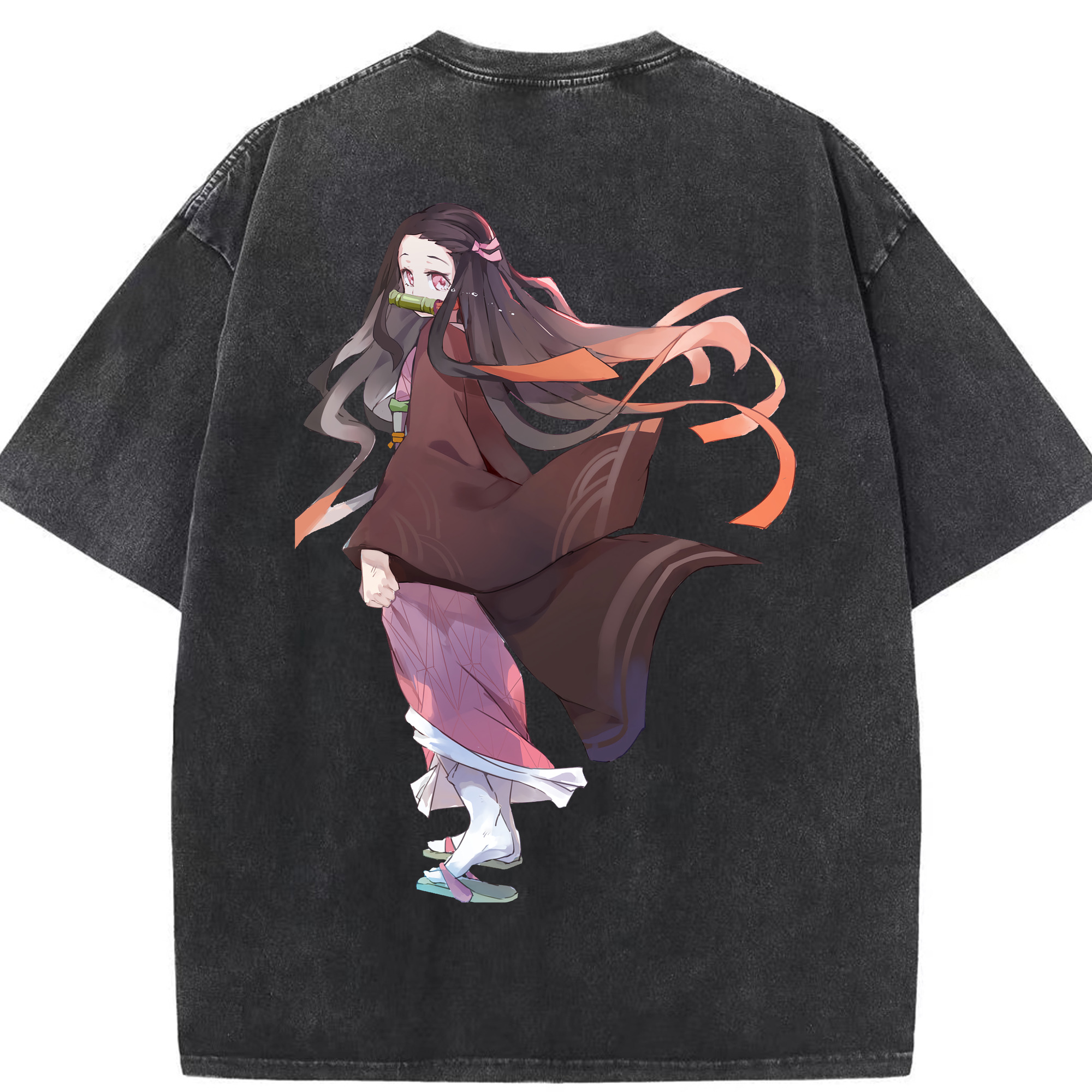 （画像用） 鬼滅の刃（きめつのやいば）竈門 禰󠄀豆子／かまど ねずこ Kamado Nezuko 綿100% ヴィンテージ風 半袖Tシャツ（背面プリント）