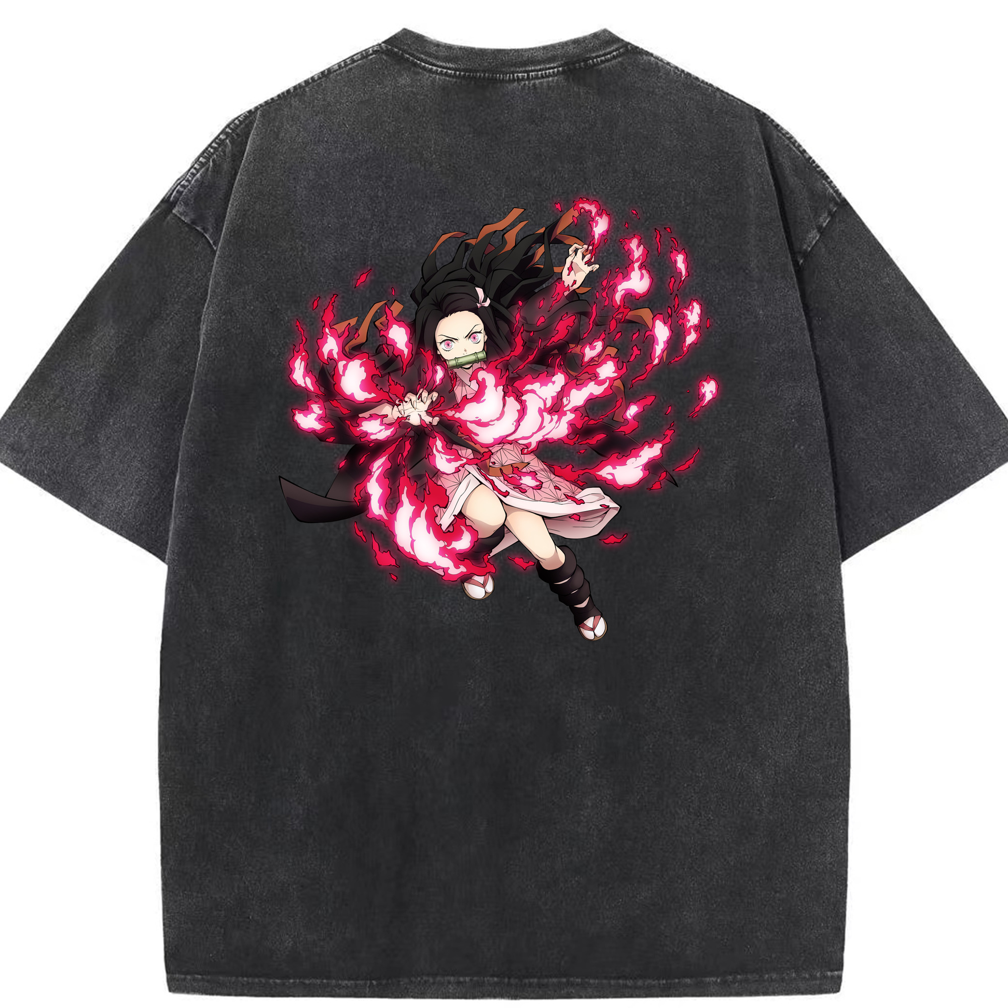 （画像用） 鬼滅の刃（きめつのやいば）竈門 禰󠄀豆子／かまど ねずこ Kamado Nezuko 綿100% ヴィンテージ風 半袖Tシャツ（背面プリント）