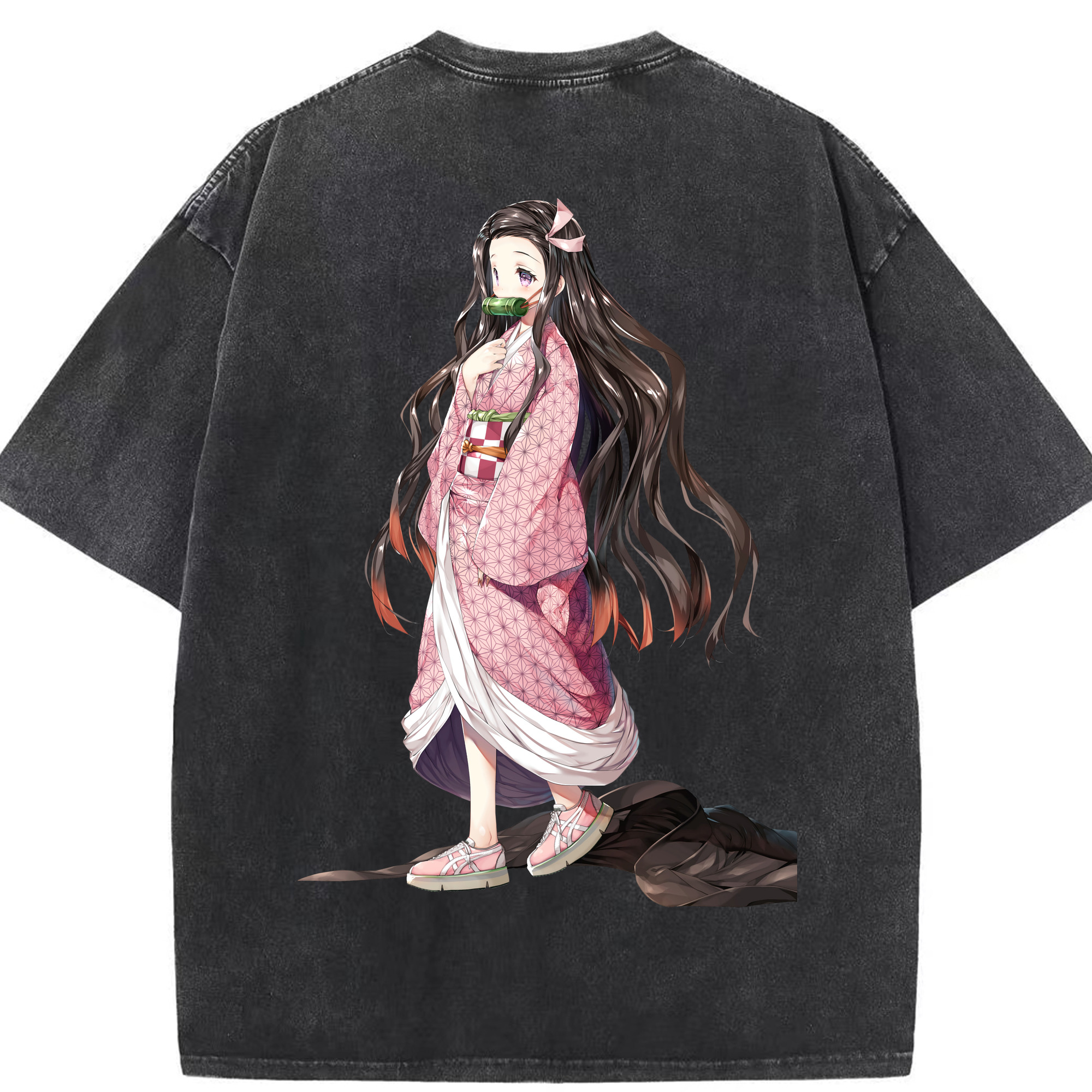 （画像用） 鬼滅の刃（きめつのやいば）竈門 禰󠄀豆子／かまど ねずこ Kamado Nezuko 綿100% ヴィンテージ風 半袖Tシャツ（背面プリント）
