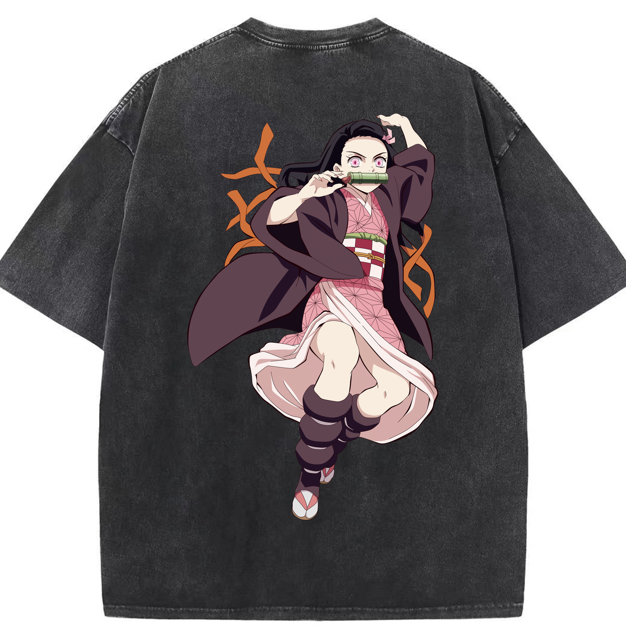 （画像用） 鬼滅の刃（きめつのやいば）竈門 禰󠄀豆子／かまど ねずこ Kamado Nezuko 綿100% ヴィンテージ風 半袖Tシャツ（背面プリント）