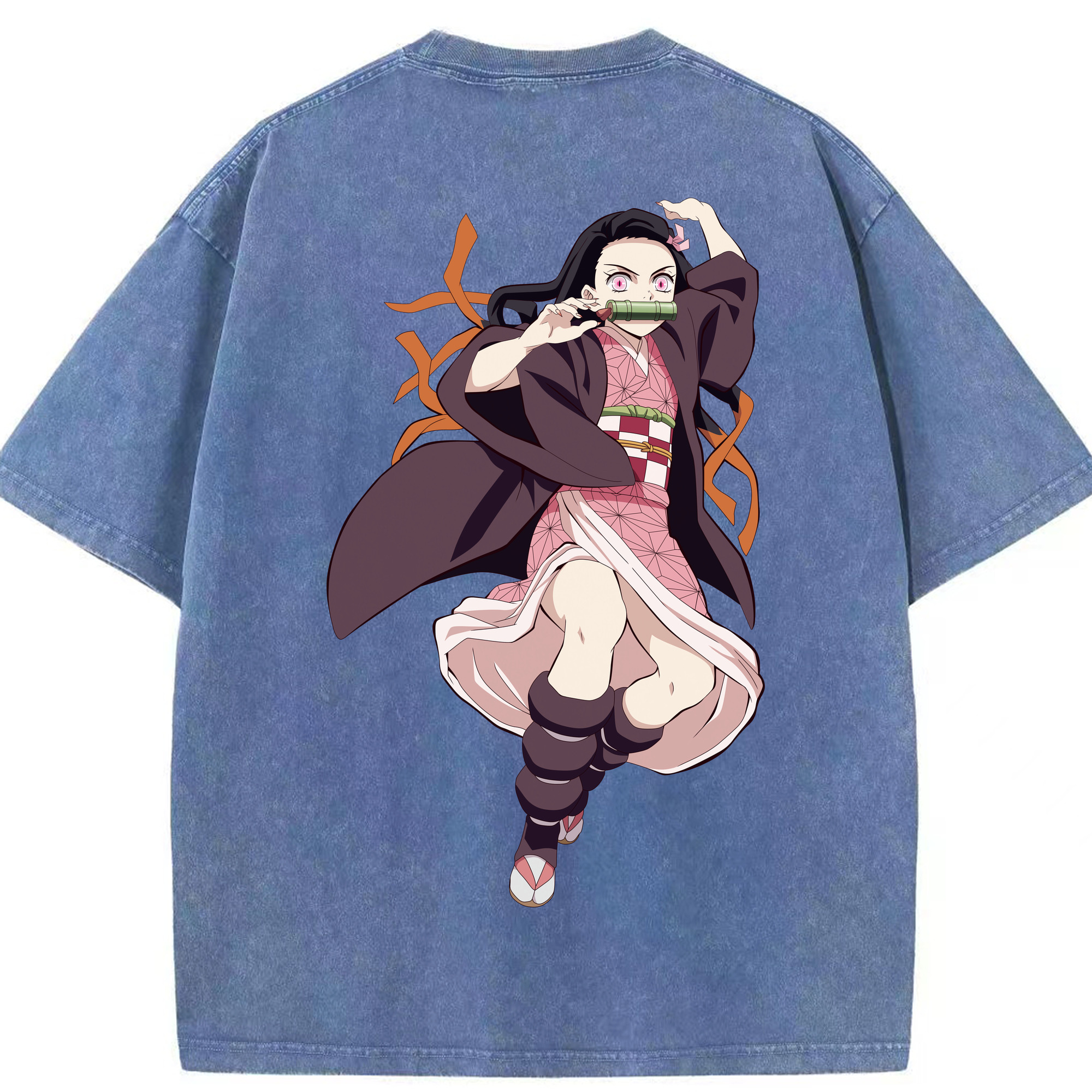 （画像用） 鬼滅の刃（きめつのやいば）竈門 禰󠄀豆子／かまど ねずこ Kamado Nezuko 綿100% ヴィンテージ風 半袖Tシャツ（背面プリント）