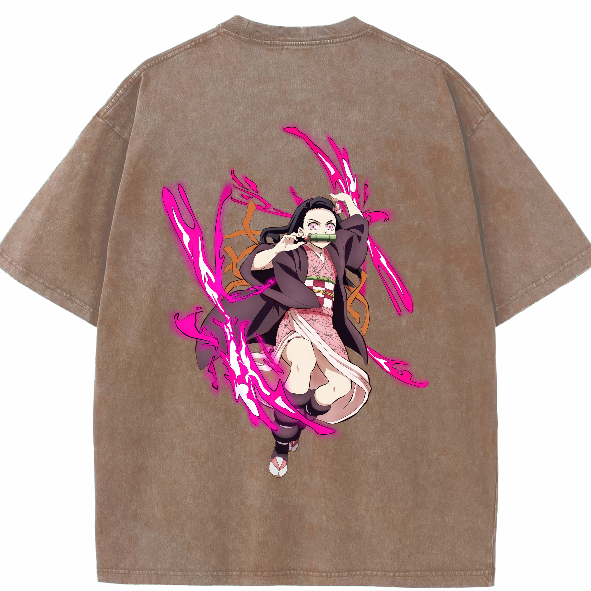 （画像用） 鬼滅の刃（きめつのやいば）竈門 禰󠄀豆子／かまど ねずこ Kamado Nezuko 綿100% ヴィンテージ風 半袖Tシャツ（背面プリント）