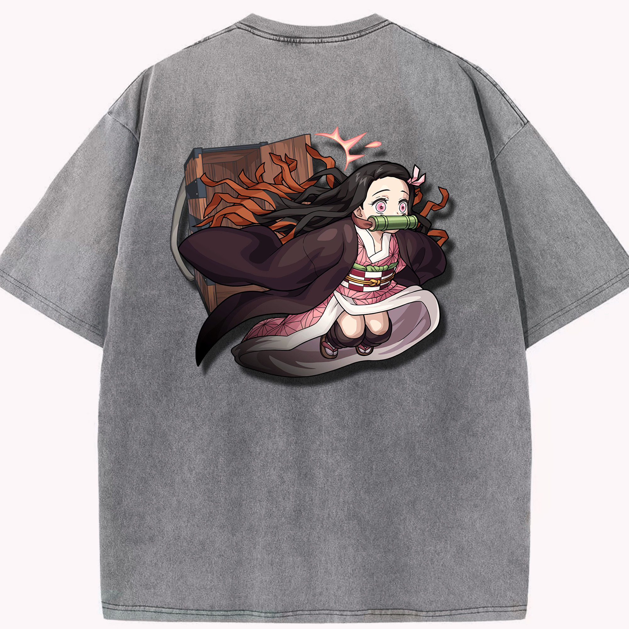 （画像用） 鬼滅の刃（きめつのやいば）竈門 禰󠄀豆子／かまど ねずこ Kamado Nezuko 綿100% ヴィンテージ風 半袖Tシャツ（背面プリント）