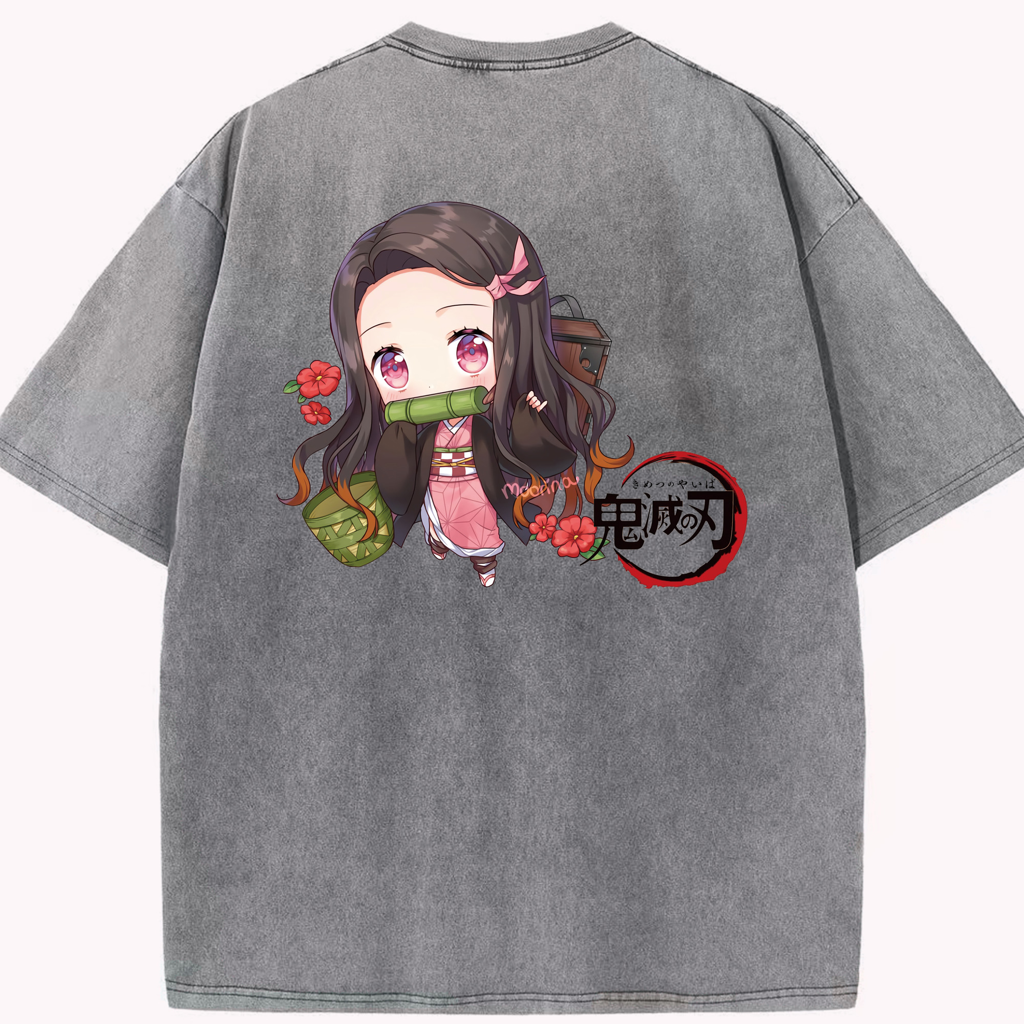 （画像用） 鬼滅の刃（きめつのやいば）竈門 禰󠄀豆子／かまど ねずこ Kamado Nezuko 綿100% ヴィンテージ風 半袖Tシャツ（背面プリント）