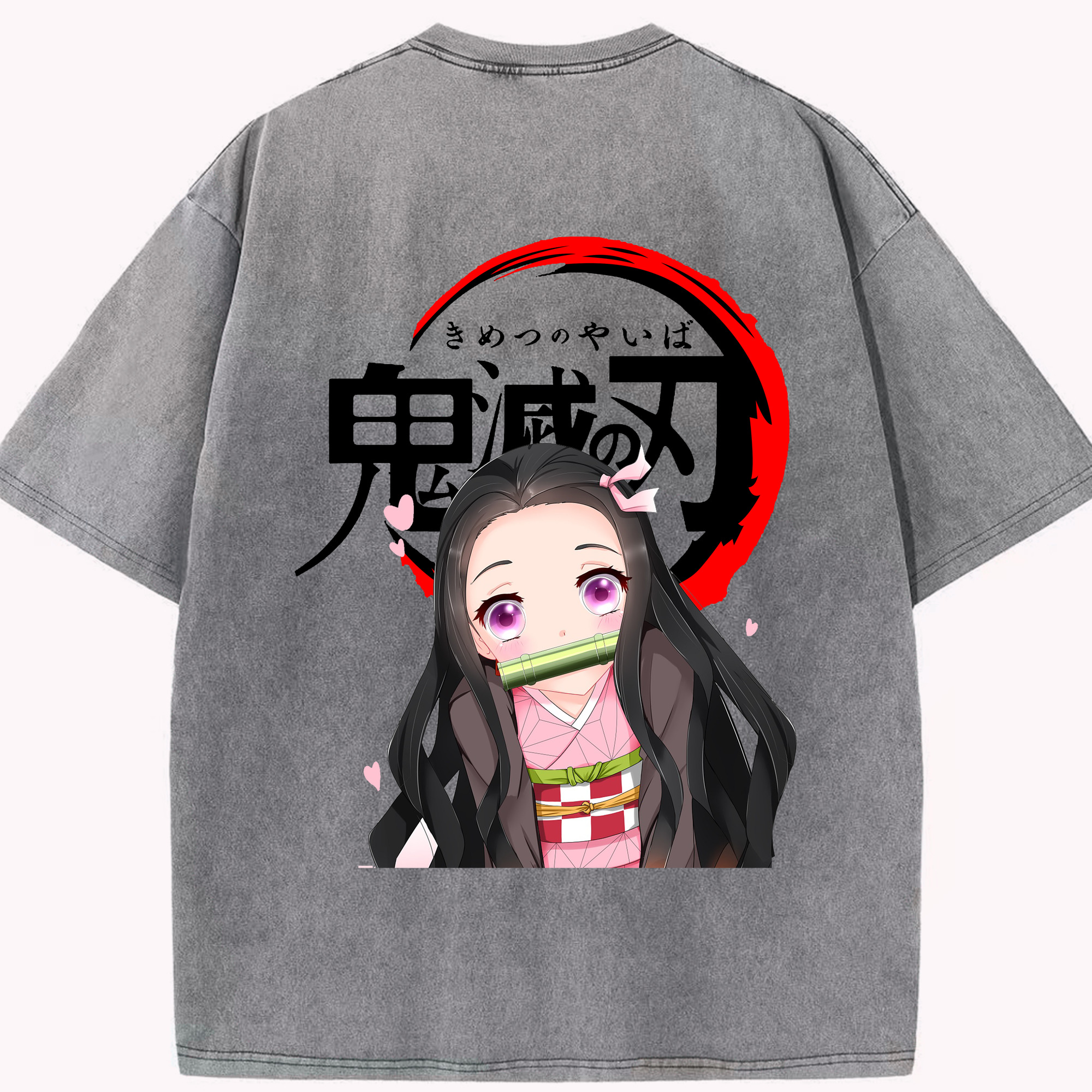 （画像用） 鬼滅の刃（きめつのやいば）竈門 禰󠄀豆子／かまど ねずこ Kamado Nezuko 綿100% ヴィンテージ風 半袖Tシャツ（背面プリント）