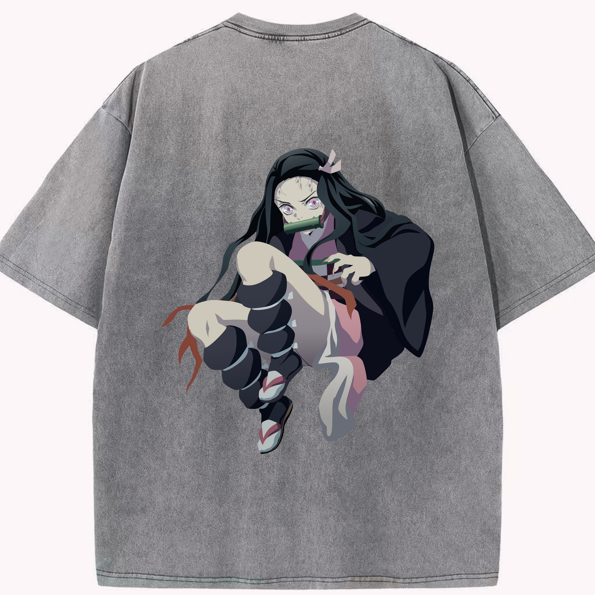 （画像用） 鬼滅の刃（きめつのやいば）竈門 禰󠄀豆子／かまど ねずこ Kamado Nezuko 綿100% ヴィンテージ風 半袖Tシャツ（背面プリント）