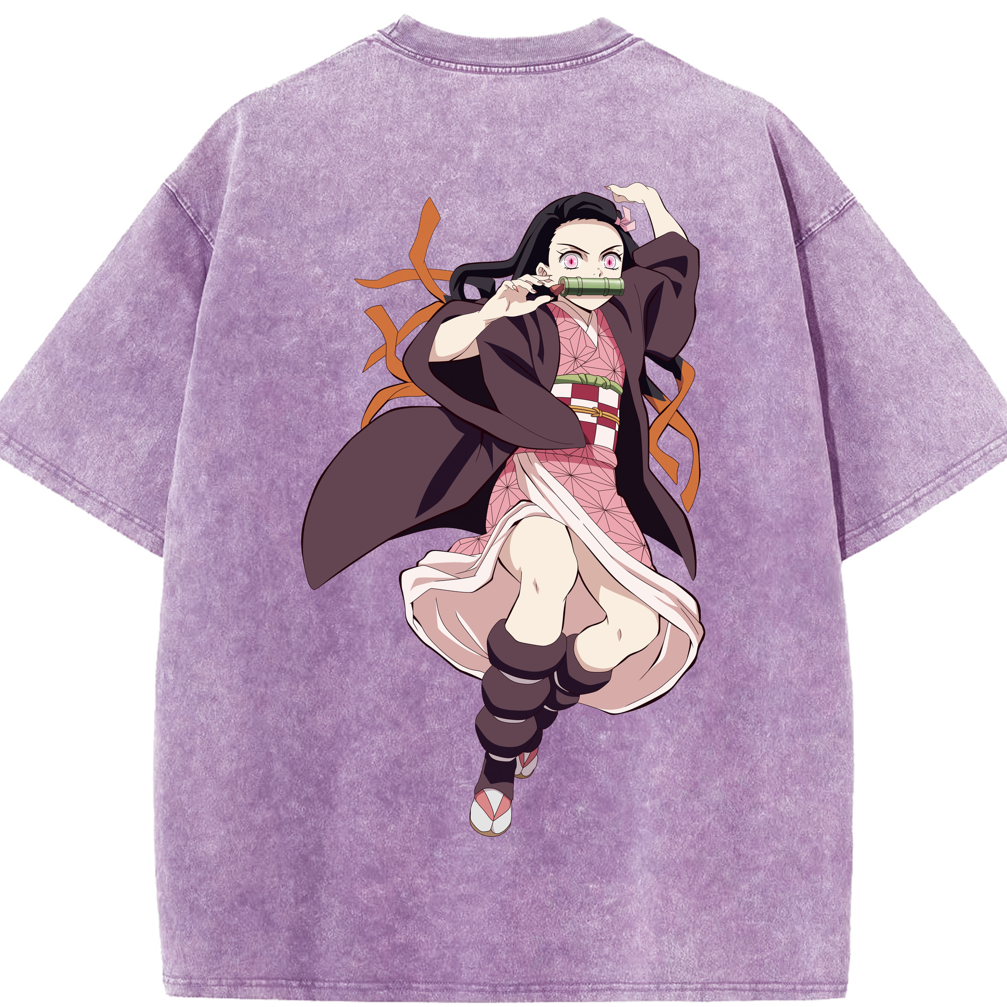 （画像用） 鬼滅の刃（きめつのやいば）竈門 禰󠄀豆子／かまど ねずこ Kamado Nezuko 綿100% ヴィンテージ風 半袖Tシャツ（背面プリント）