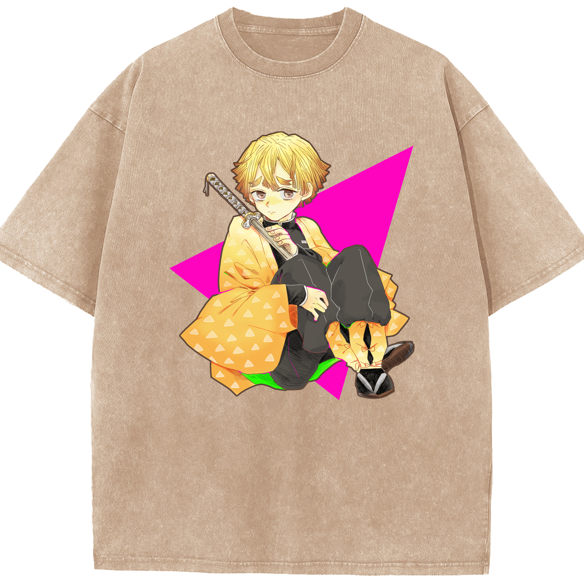 （画像用） 鬼滅の刃（きめつのやいば）我妻 善逸／あがつま ぜんいつ Agatsuma Zenitsu 綿100% ヴィンテージ風 半袖Tシャツ（フロントプリント）