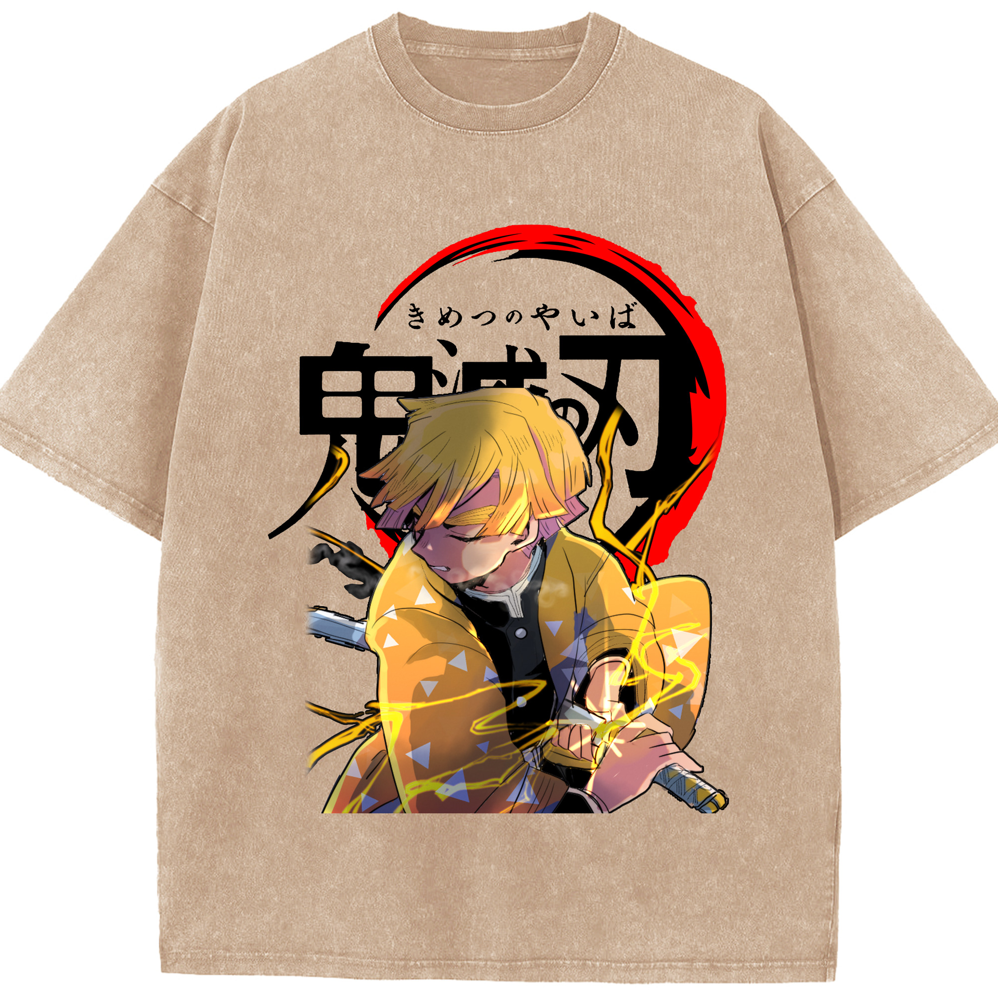（画像用） 鬼滅の刃（きめつのやいば）我妻 善逸／あがつま ぜんいつ Agatsuma Zenitsu 綿100% ヴィンテージ風 半袖Tシャツ（フロントプリント）