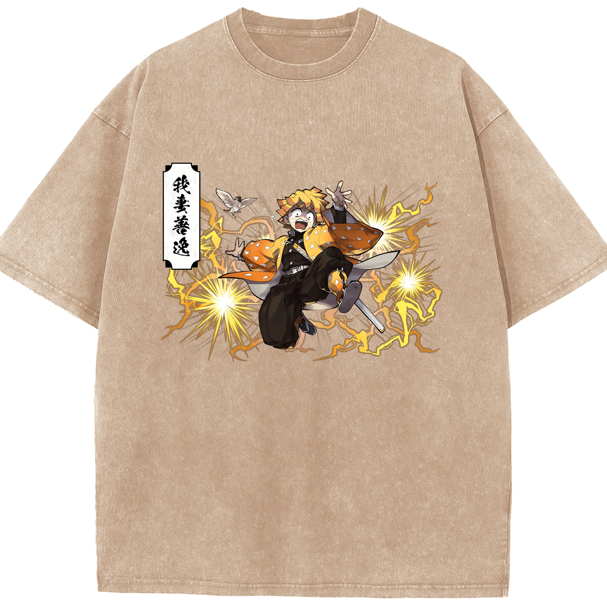 （画像用） 鬼滅の刃（きめつのやいば）我妻 善逸／あがつま ぜんいつ Agatsuma Zenitsu 綿100% ヴィンテージ風 半袖Tシャツ（フロントプリント）