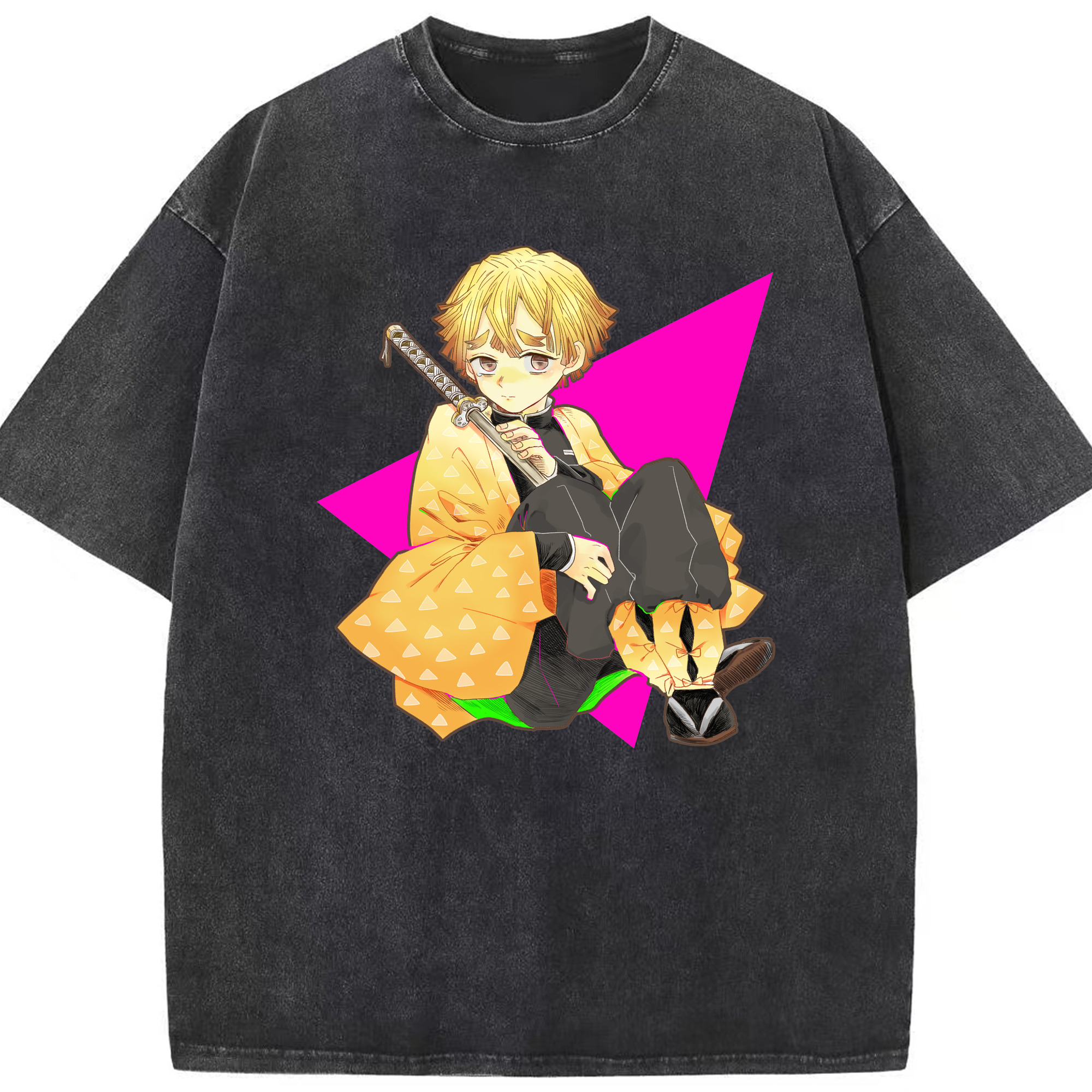 （画像用） 鬼滅の刃（きめつのやいば）我妻 善逸／あがつま ぜんいつ Agatsuma Zenitsu 綿100% ヴィンテージ風 半袖Tシャツ（フロントプリント）