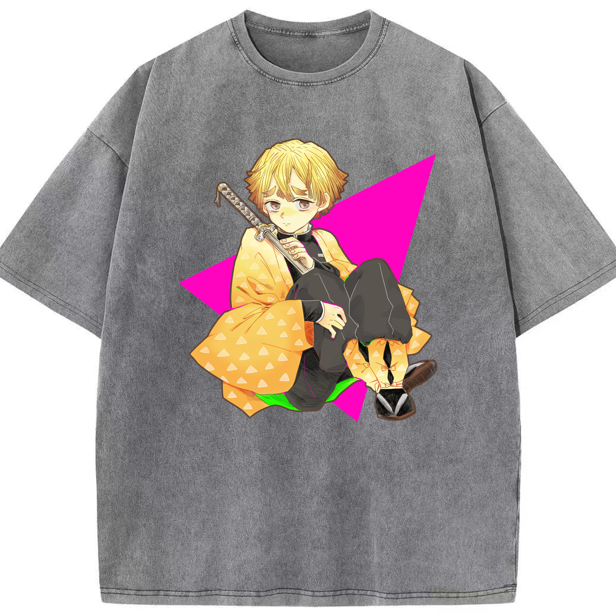 （画像用） 鬼滅の刃（きめつのやいば）我妻 善逸／あがつま ぜんいつ Agatsuma Zenitsu 綿100% ヴィンテージ風 半袖Tシャツ（フロントプリント）