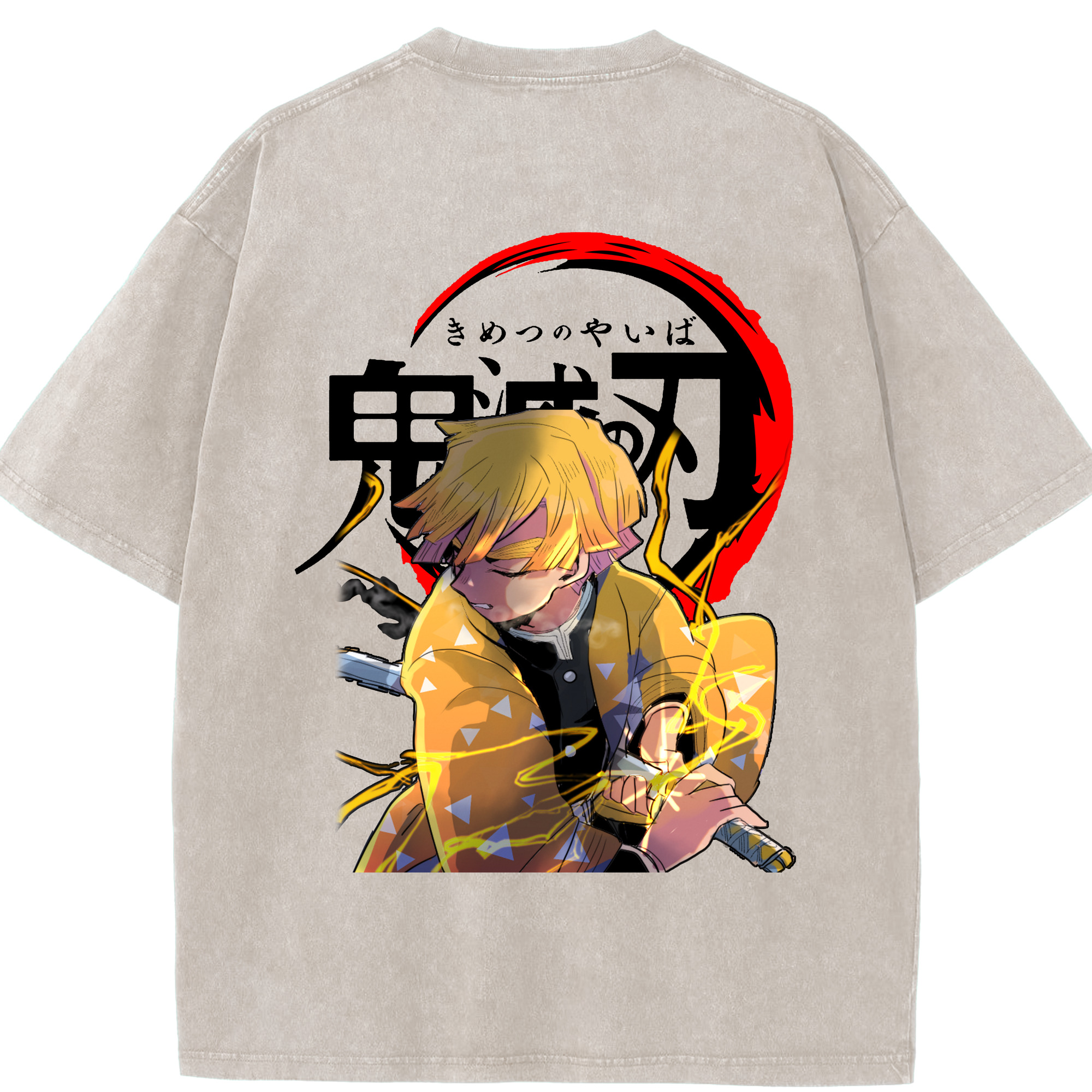 （画像用） 鬼滅の刃（きめつのやいば）我妻 善逸／あがつま ぜんいつ Agatsuma Zenitsu 綿100% ヴィンテージ風 半袖Tシャツ（背面プリント）