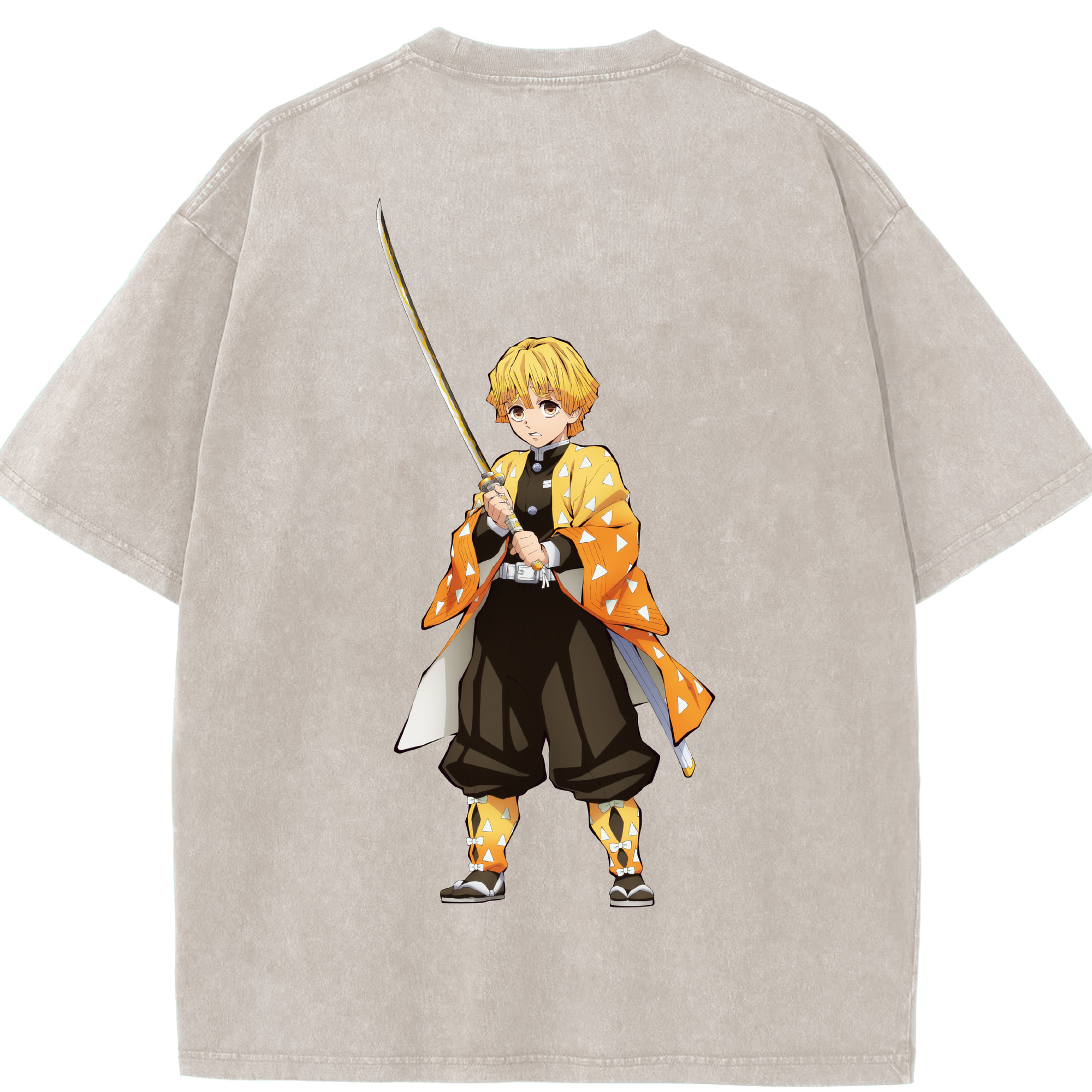 （画像用） 鬼滅の刃（きめつのやいば）我妻 善逸／あがつま ぜんいつ Agatsuma Zenitsu 綿100% ヴィンテージ風 半袖Tシャツ（背面プリント）
