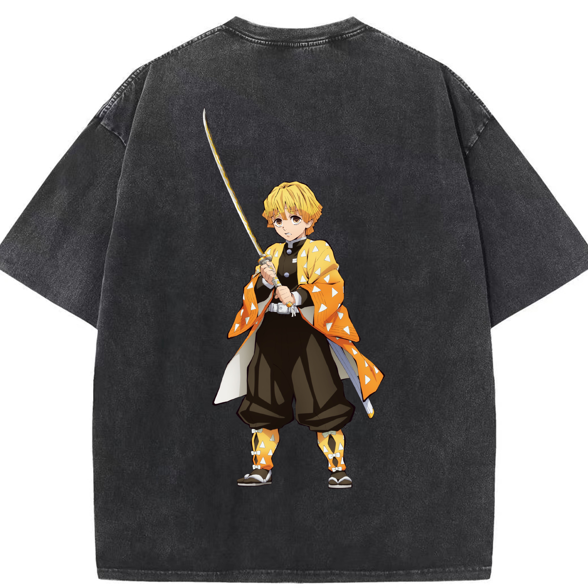 （画像用） 鬼滅の刃（きめつのやいば）我妻 善逸／あがつま ぜんいつ Agatsuma Zenitsu 綿100% ヴィンテージ風 半袖Tシャツ（背面プリント）