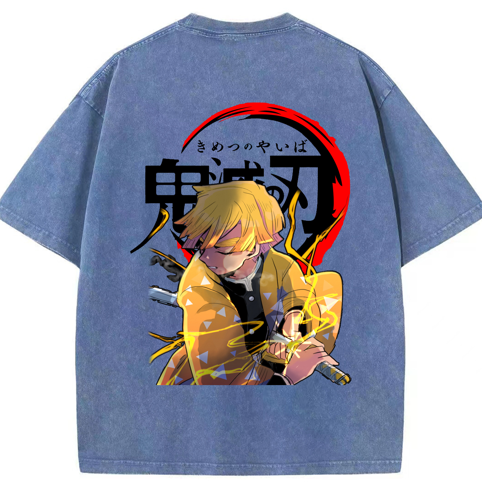 （画像用） 鬼滅の刃（きめつのやいば）我妻 善逸／あがつま ぜんいつ Agatsuma Zenitsu 綿100% ヴィンテージ風 半袖Tシャツ（背面プリント）