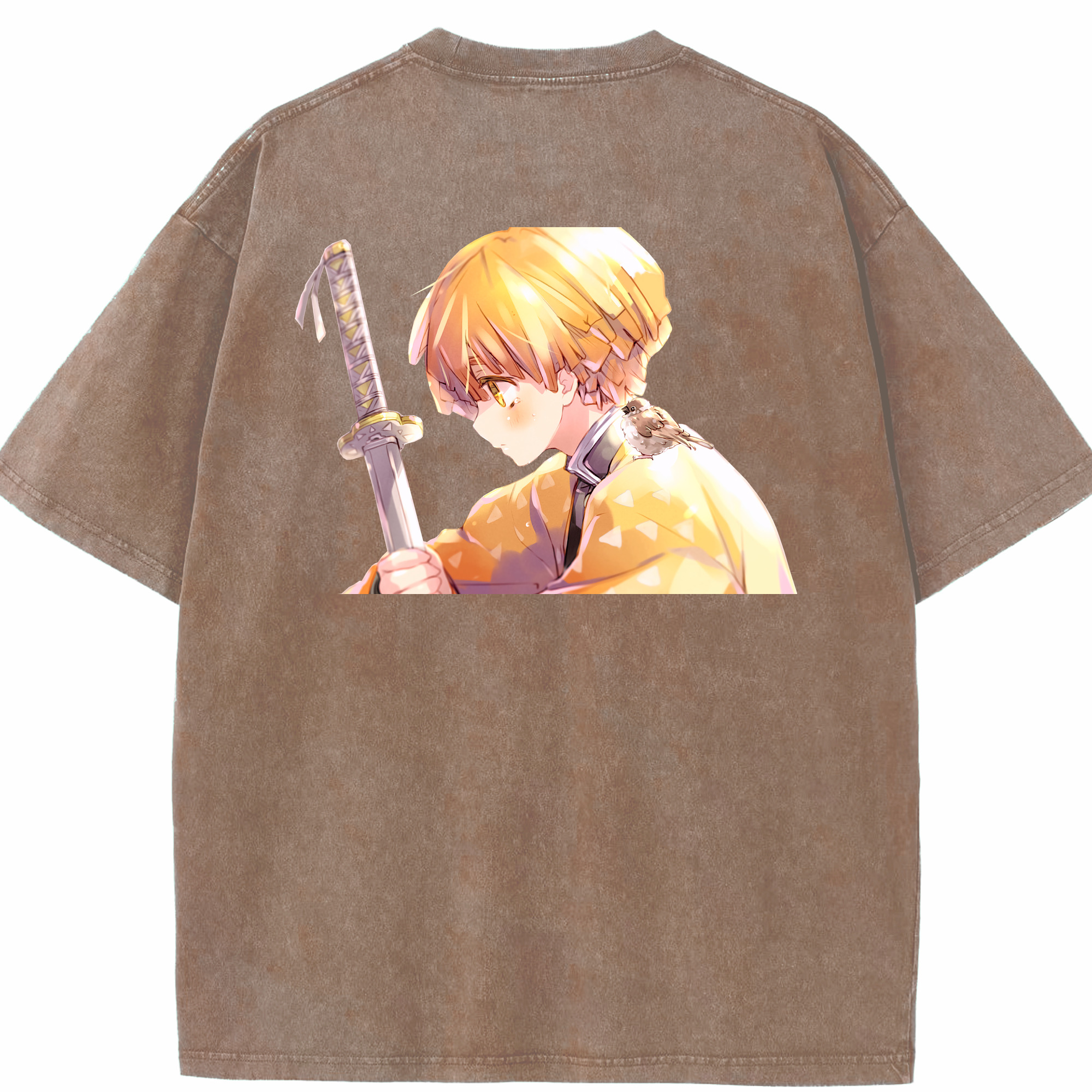 （画像用） 鬼滅の刃（きめつのやいば）我妻 善逸／あがつま ぜんいつ Agatsuma Zenitsu 綿100% ヴィンテージ風 半袖Tシャツ（背面プリント）