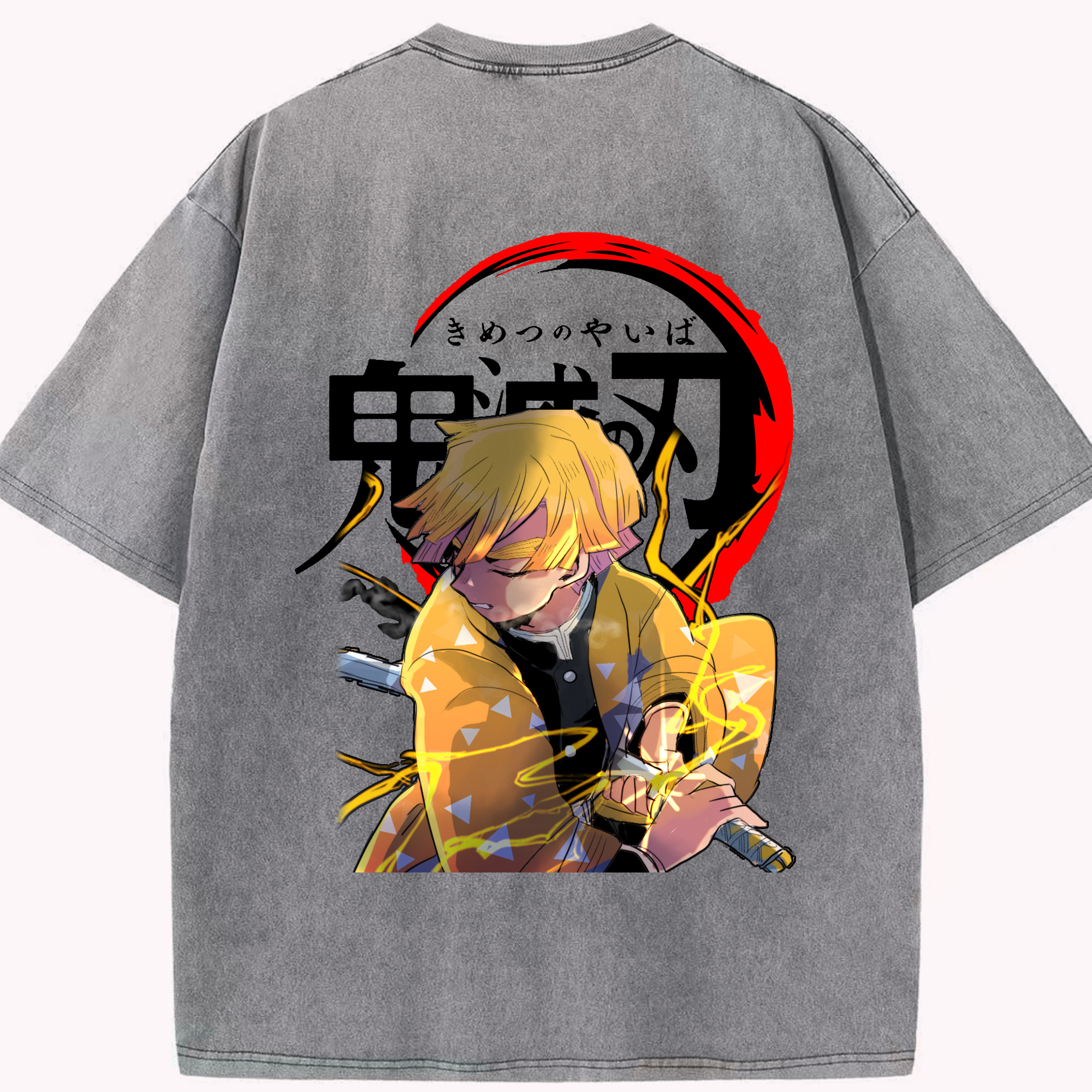 （画像用） 鬼滅の刃（きめつのやいば）我妻 善逸／あがつま ぜんいつ Agatsuma Zenitsu 綿100% ヴィンテージ風 半袖Tシャツ（背面プリント）