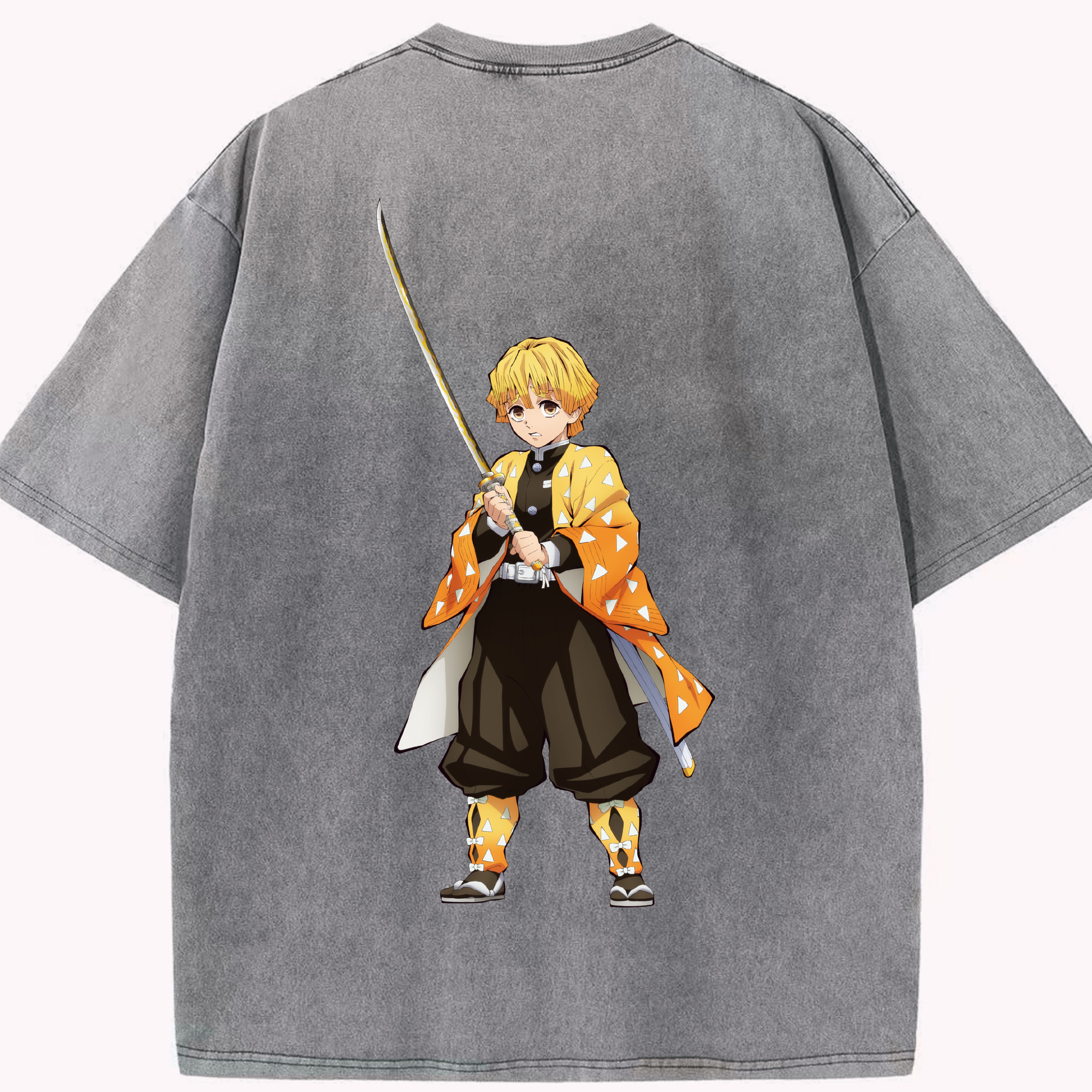 （画像用） 鬼滅の刃（きめつのやいば）我妻 善逸／あがつま ぜんいつ Agatsuma Zenitsu 綿100% ヴィンテージ風 半袖Tシャツ（背面プリント）