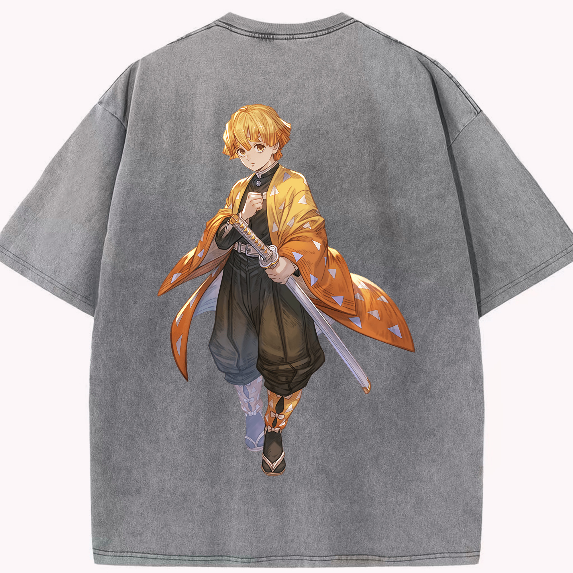 （画像用） 鬼滅の刃（きめつのやいば）我妻 善逸／あがつま ぜんいつ Agatsuma Zenitsu 綿100% ヴィンテージ風 半袖Tシャツ（背面プリント）