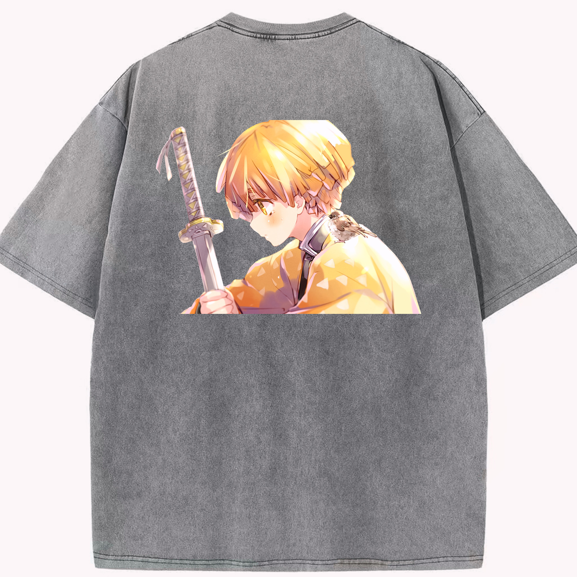 （画像用） 鬼滅の刃（きめつのやいば）我妻 善逸／あがつま ぜんいつ Agatsuma Zenitsu 綿100% ヴィンテージ風 半袖Tシャツ（背面プリント）