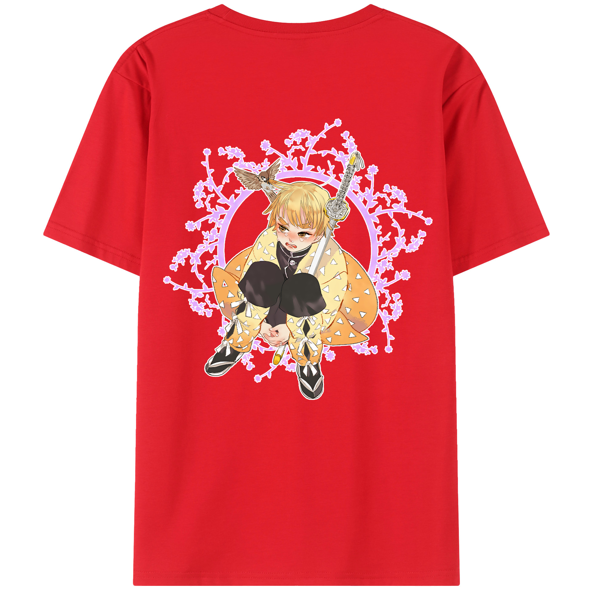 （画像用） 鬼滅の刃（きめつのやいば）我妻 善逸／あがつま ぜんいつ Agatsuma Zenitsu 綿100％ メンズ半袖Tシャツ（バックプリント） 通気性
