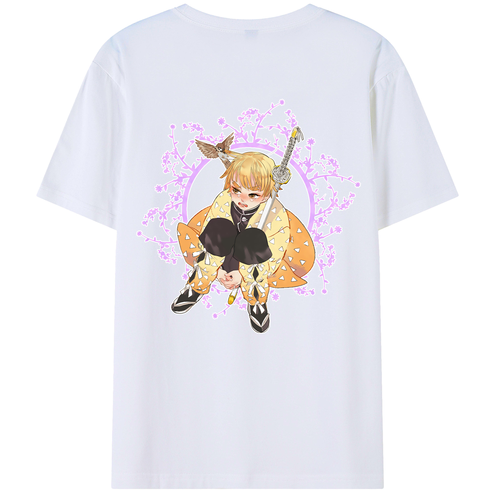 （画像用） 鬼滅の刃（きめつのやいば）我妻 善逸／あがつま ぜんいつ Agatsuma Zenitsu 綿100％ メンズ半袖Tシャツ（バックプリント） 通気性
