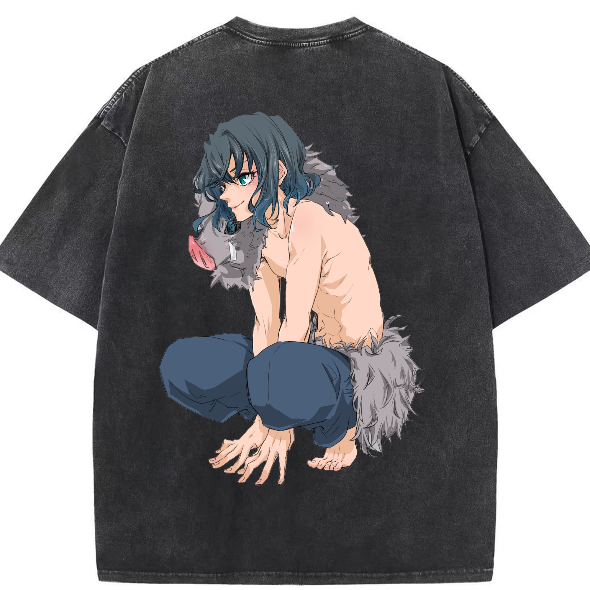 （画像用） 鬼滅の刃（きめつのやいば）嘴平 伊之助／はしびら いのすけ Hashibira Inosuke 綿100% ヴィンテージ風 半袖Tシャツ（背面プリント）