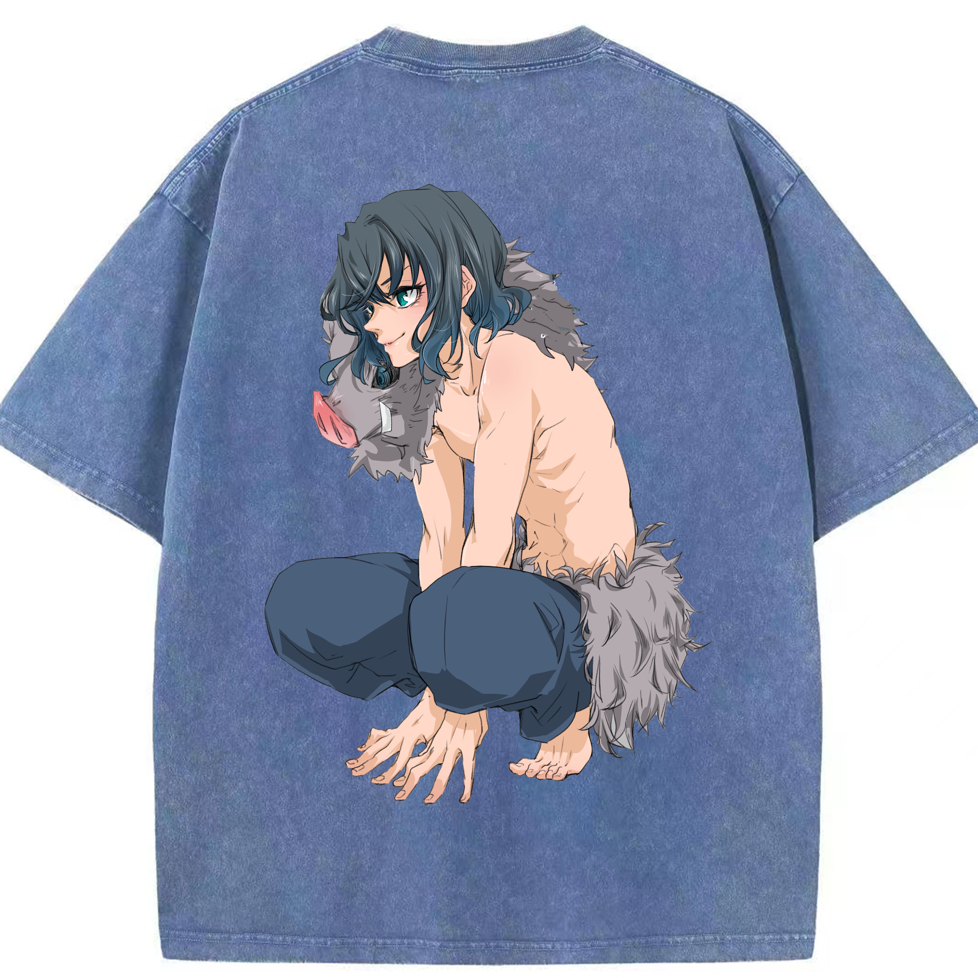 （画像用） 鬼滅の刃（きめつのやいば）嘴平 伊之助／はしびら いのすけ Hashibira Inosuke 綿100% ヴィンテージ風 半袖Tシャツ（背面プリント）