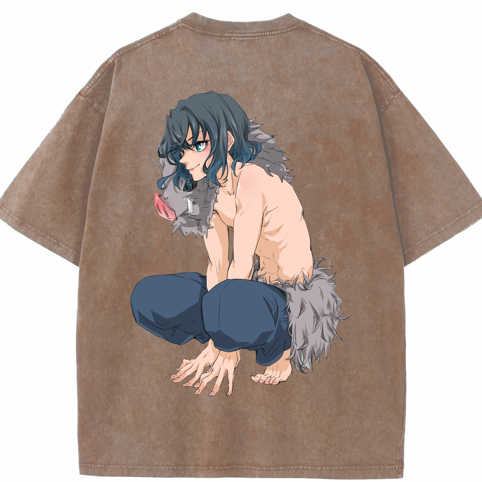 （画像用） 鬼滅の刃（きめつのやいば）嘴平 伊之助／はしびら いのすけ Hashibira Inosuke 綿100% ヴィンテージ風 半袖Tシャツ（背面プリント）