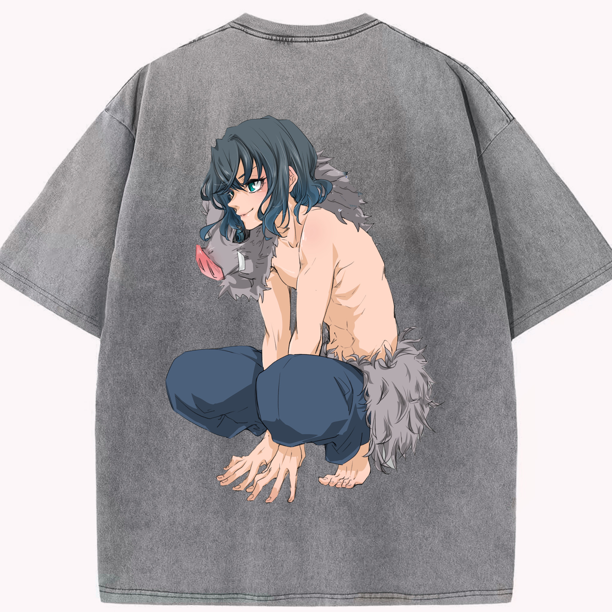 （画像用） 鬼滅の刃（きめつのやいば）嘴平 伊之助／はしびら いのすけ Hashibira Inosuke 綿100% ヴィンテージ風 半袖Tシャツ（背面プリント）