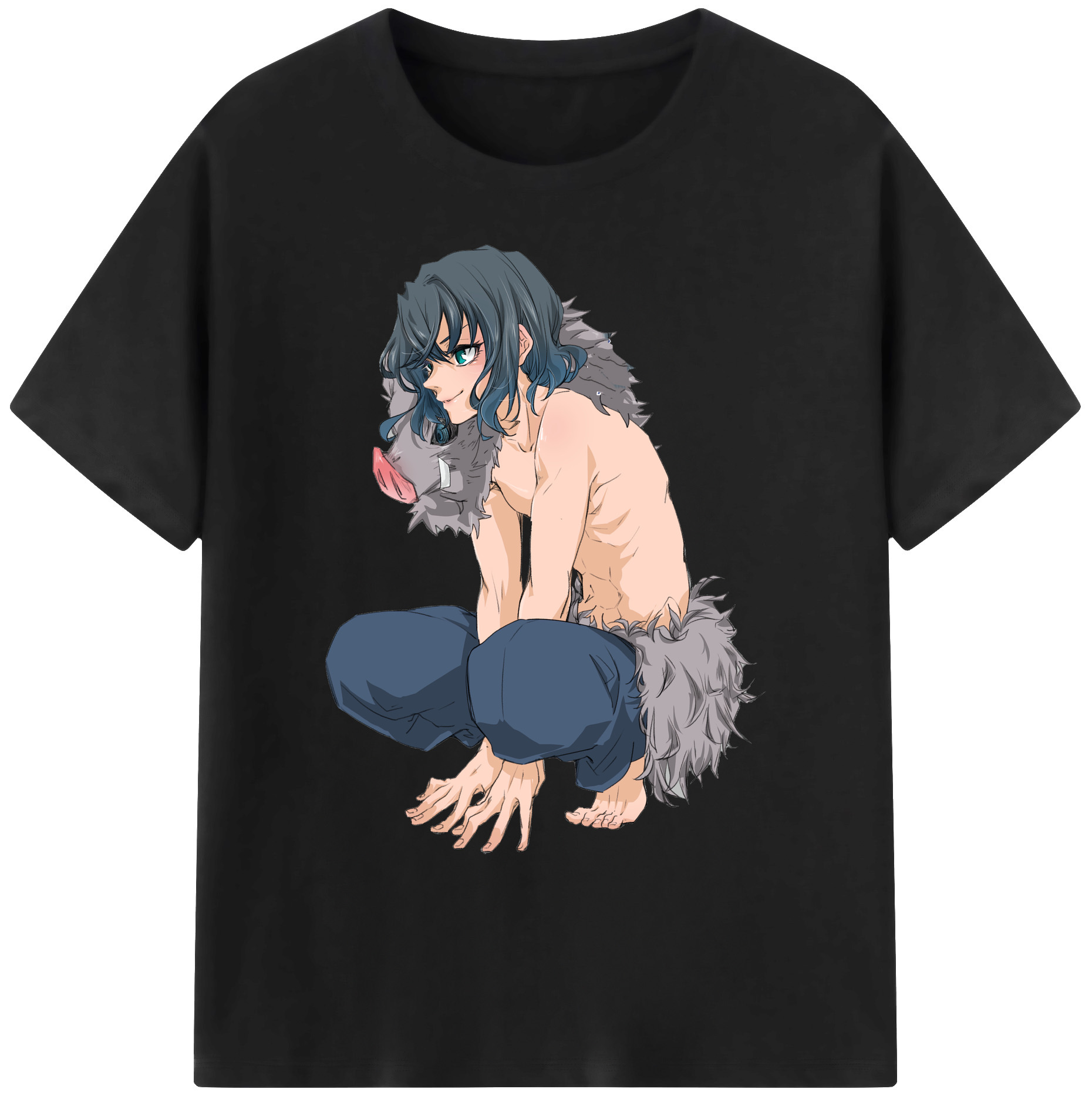 （画像用） 鬼滅の刃（きめつのやいば）嘴平 伊之助／はしびら いのすけ Hashibira Inosuke 綿100％ メンズ半袖Tシャツ｜肌触りやわらか＆通気性