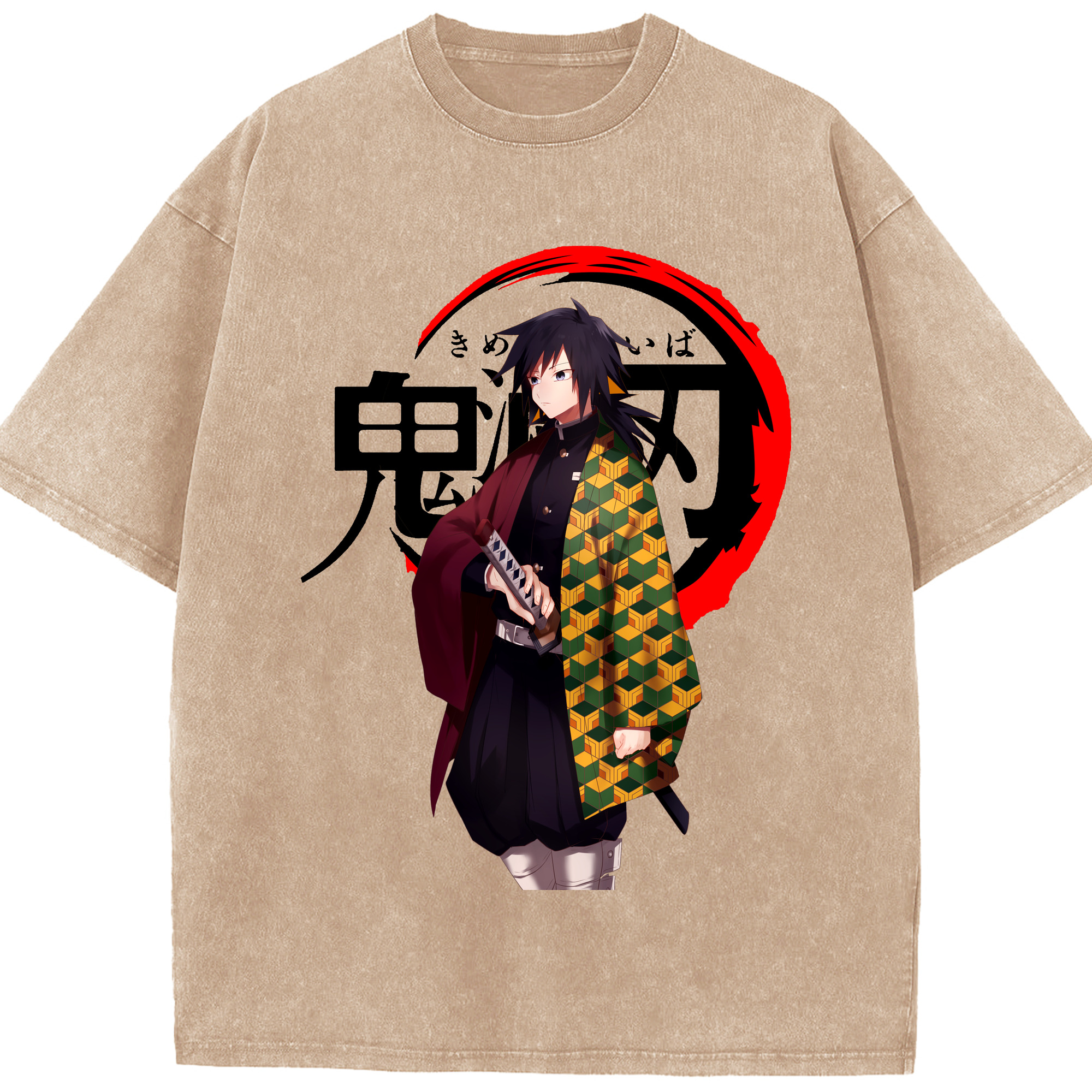 （画像用） 鬼滅の刃（きめつのやいば）水柱-冨岡 義勇／とみおか ぎゆう Tomioka Giyuu 綿100% ヴィンテージ風 半袖Tシャツ（フロントプリント）